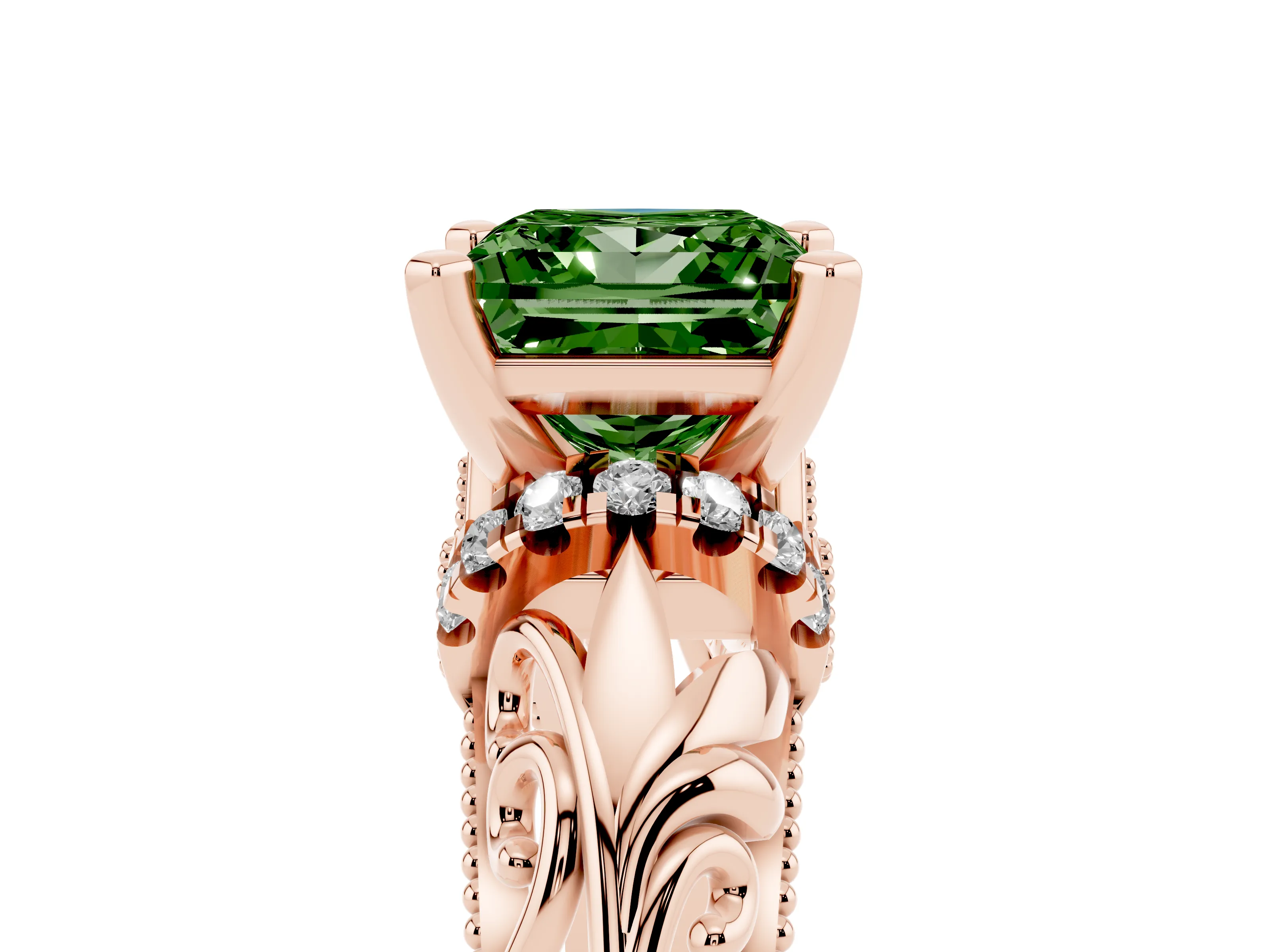 Fancy Green Princess Cut Diamond Filigree Halo Engagement Ring Set in Rose gold with Prong Setting