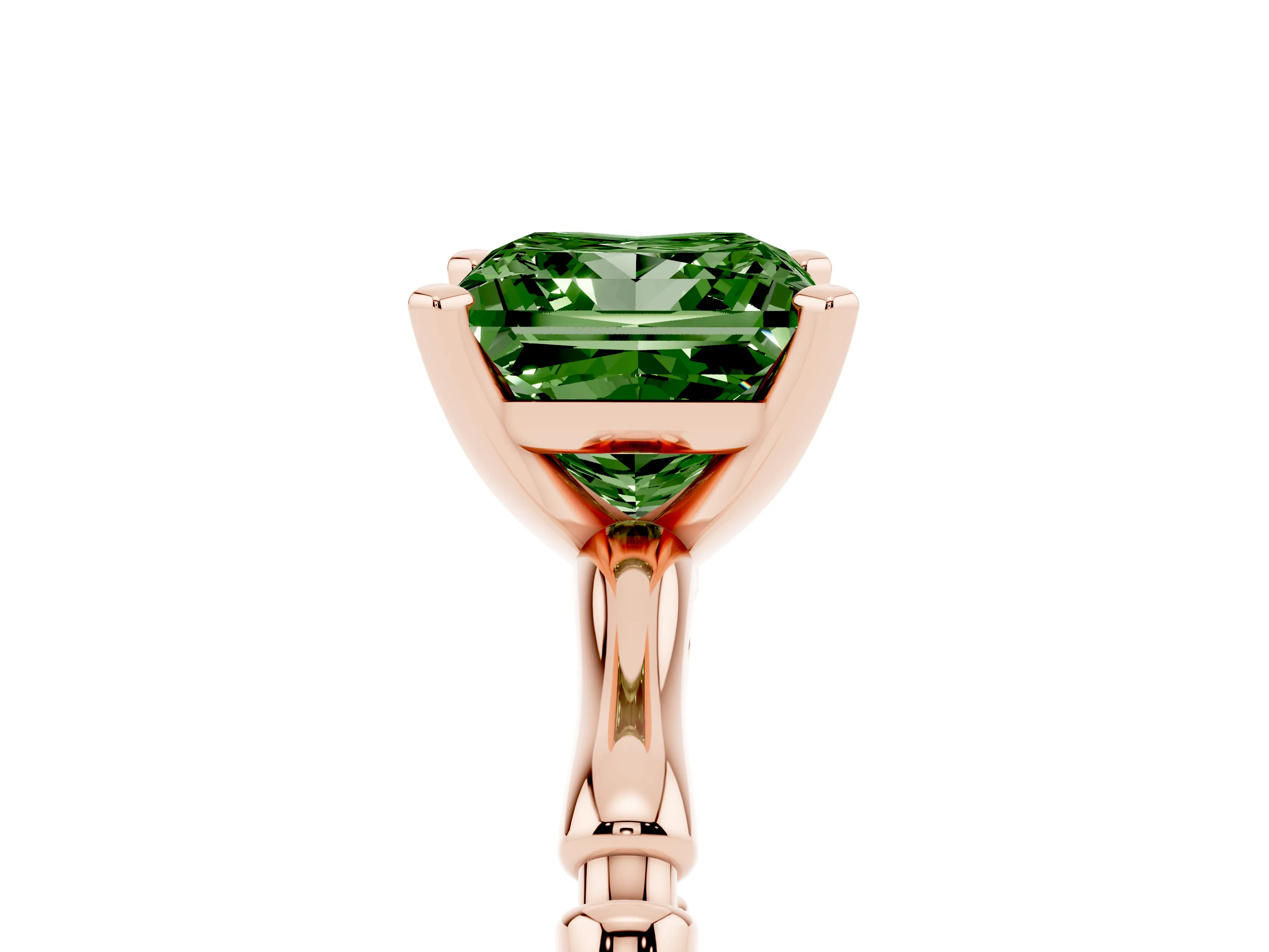 Fancy Green Princess Cut Diamond Solitaire Ring Set in Rose gold with Bamboo Band and Prong Setting