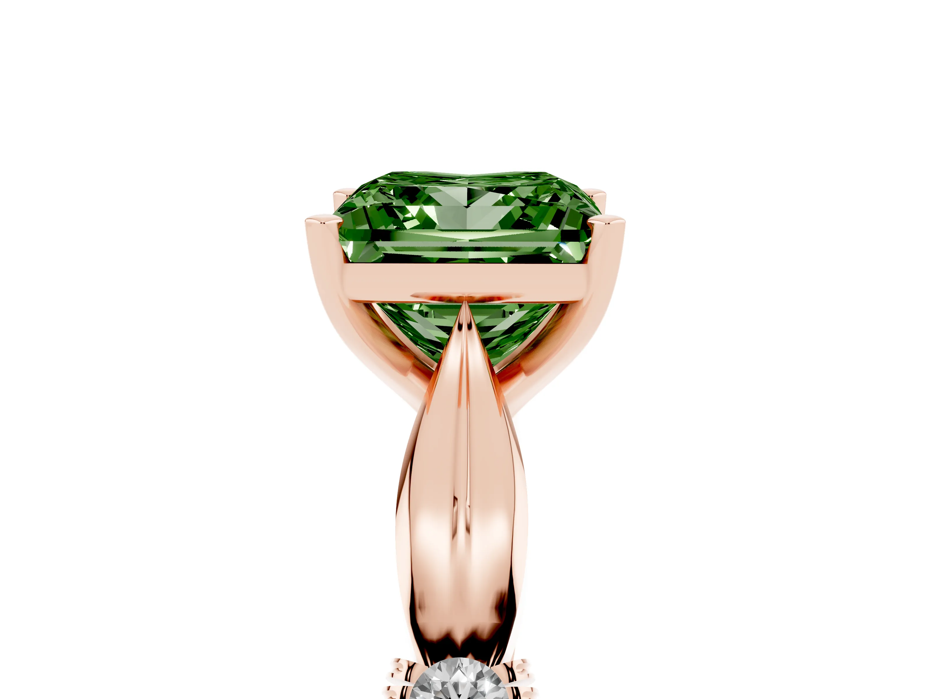 Fancy Green Princess Cut Diamond Solitaire Twisted Band Ring Set in Rose gold with Accent Stones and Prong Setting