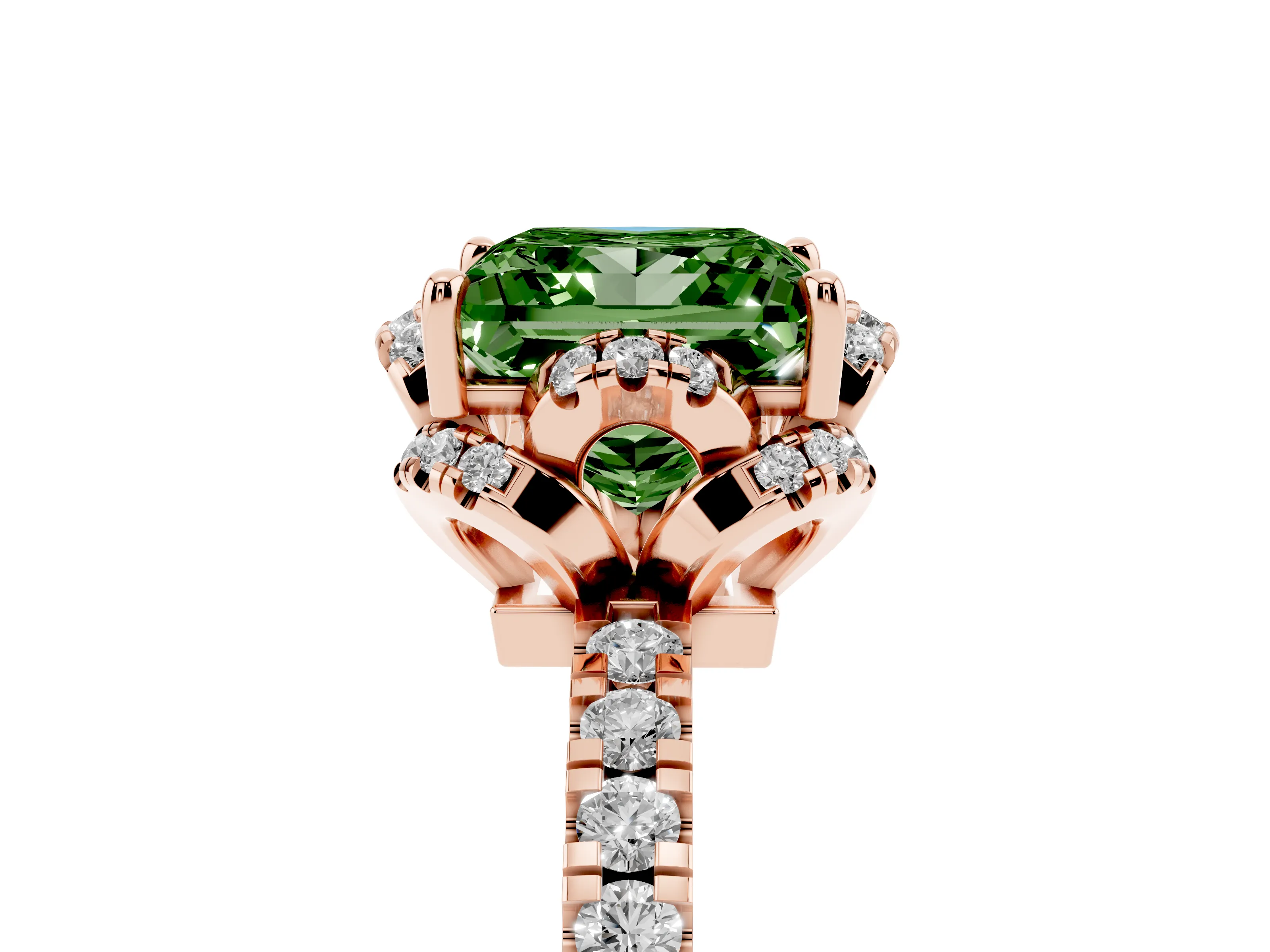 Fancy Green Princess Cut Diamond Halo Pavé Band Ring Set in Rose gold with Prong-Held Center
