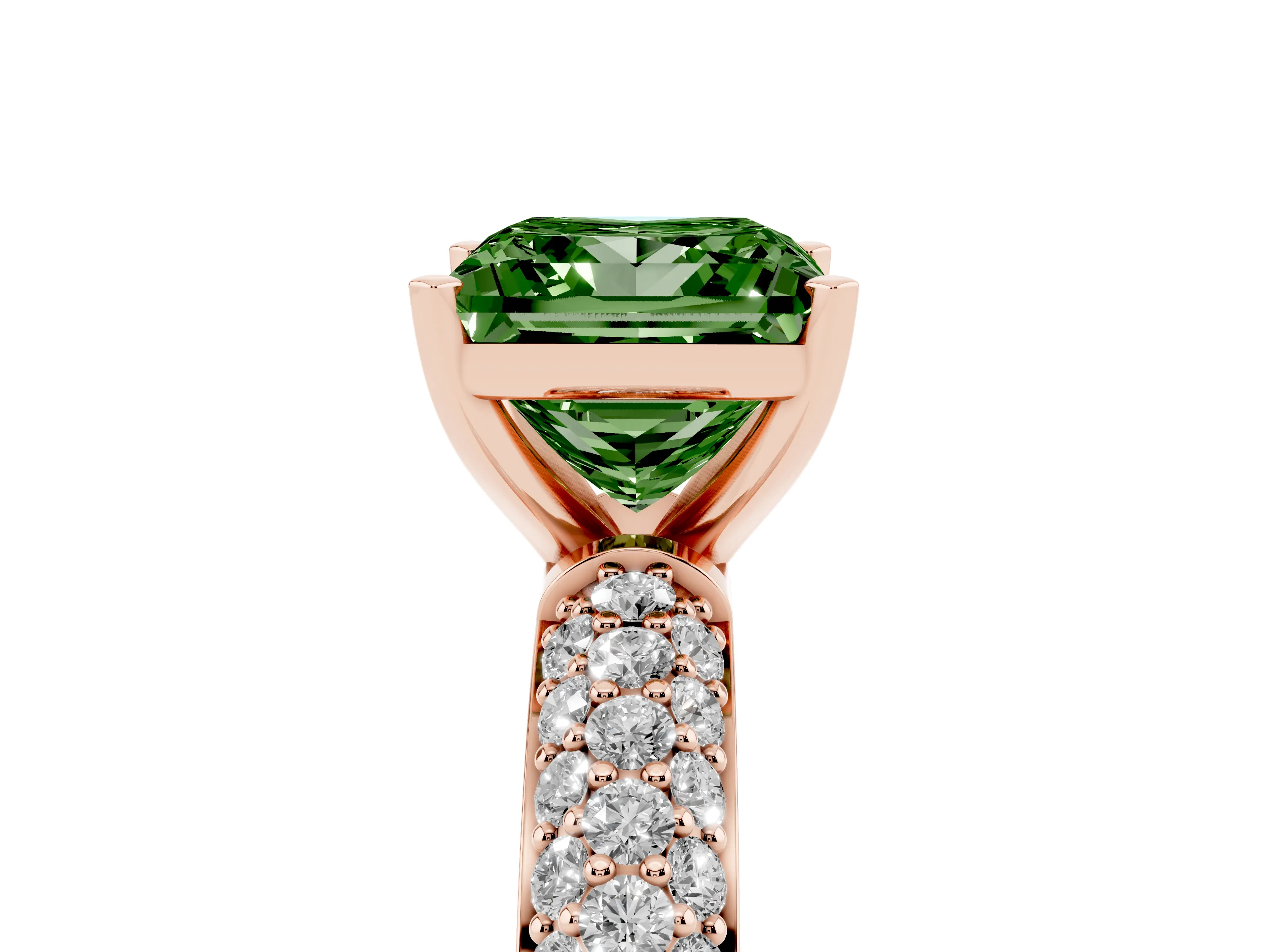 Fancy Green Princess Cut Diamond Solitaire Ring Set in Rose gold with Prong Setting and Pavé-Set Band
