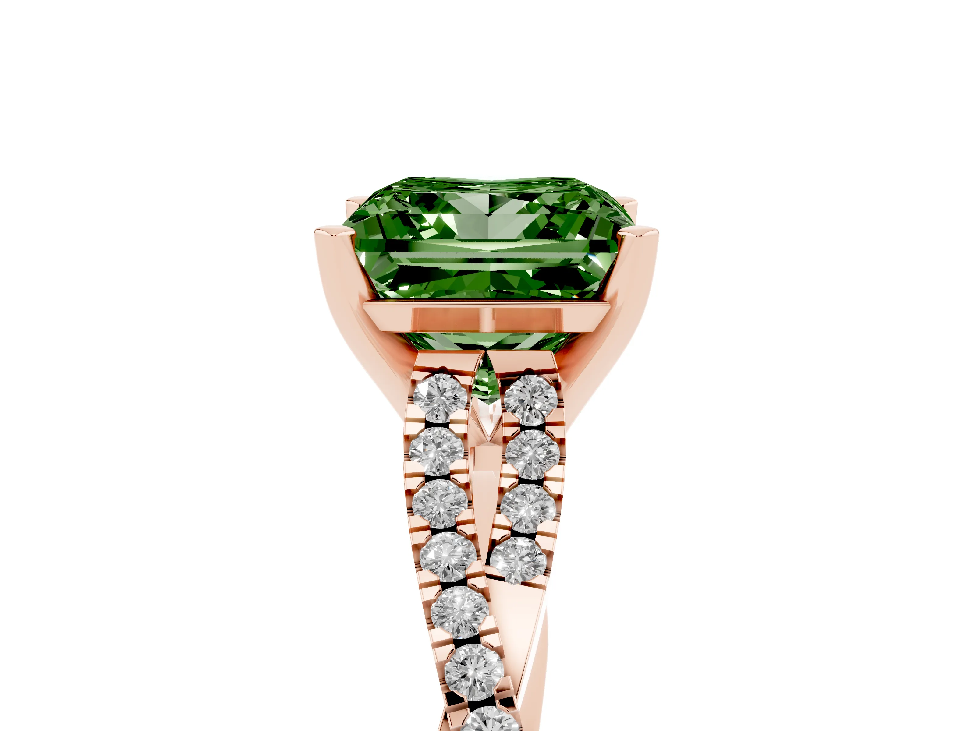 Fancy Green Princess Cut Diamond Solitaire Engagement Ring Set in Rose gold with Twisted Pavé Band and Prong Setting