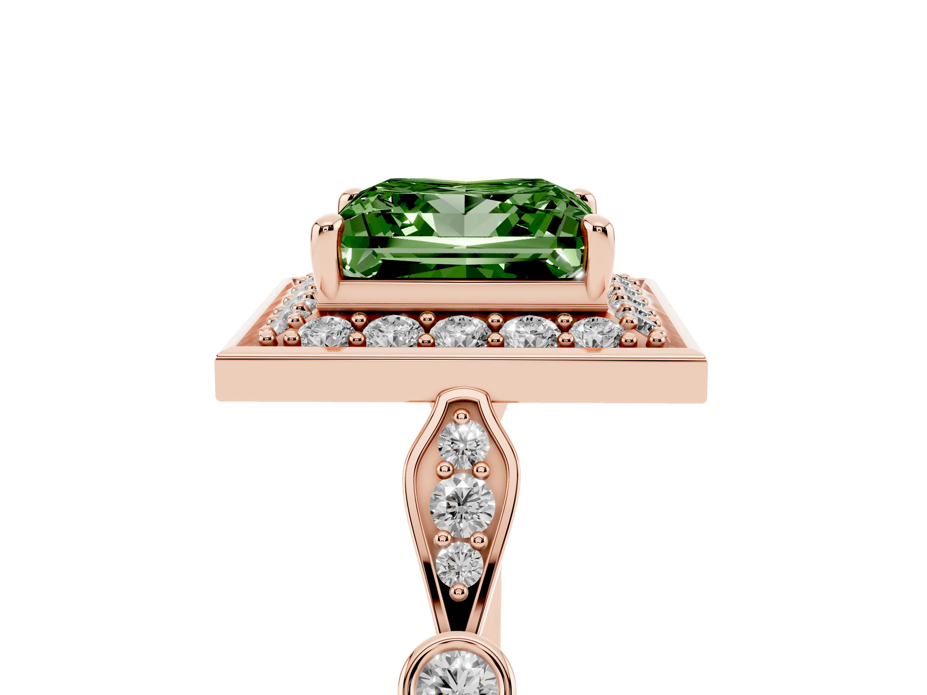 Fancy Green Princess Cut Diamond Halo Engagement Ring Set in Rose gold with Twisted Band and Prong Setting