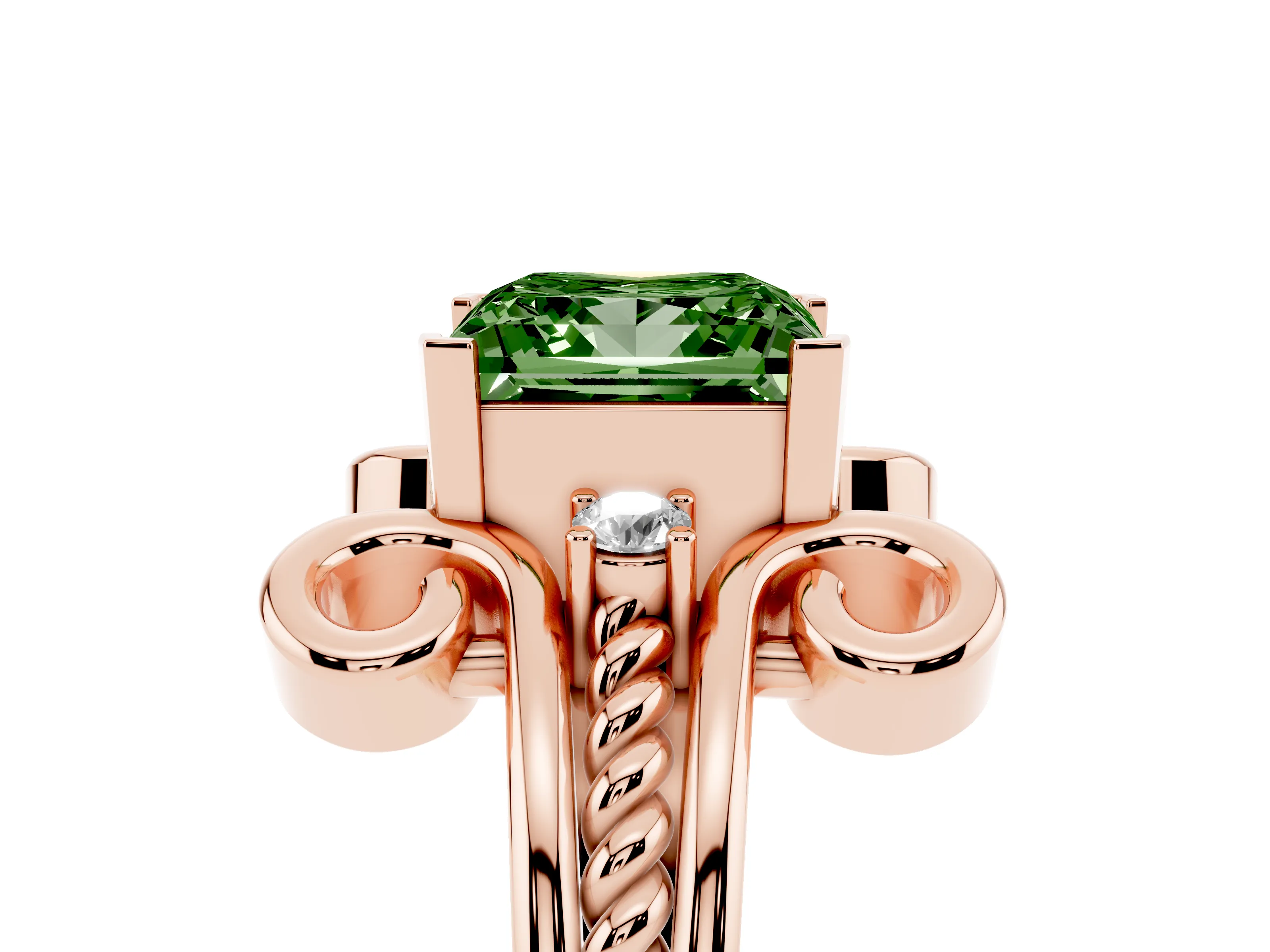 Fancy Green Princess Cut Diamond Twisted Band Solitaire Ring Set in Rose gold with Scroll Prongs