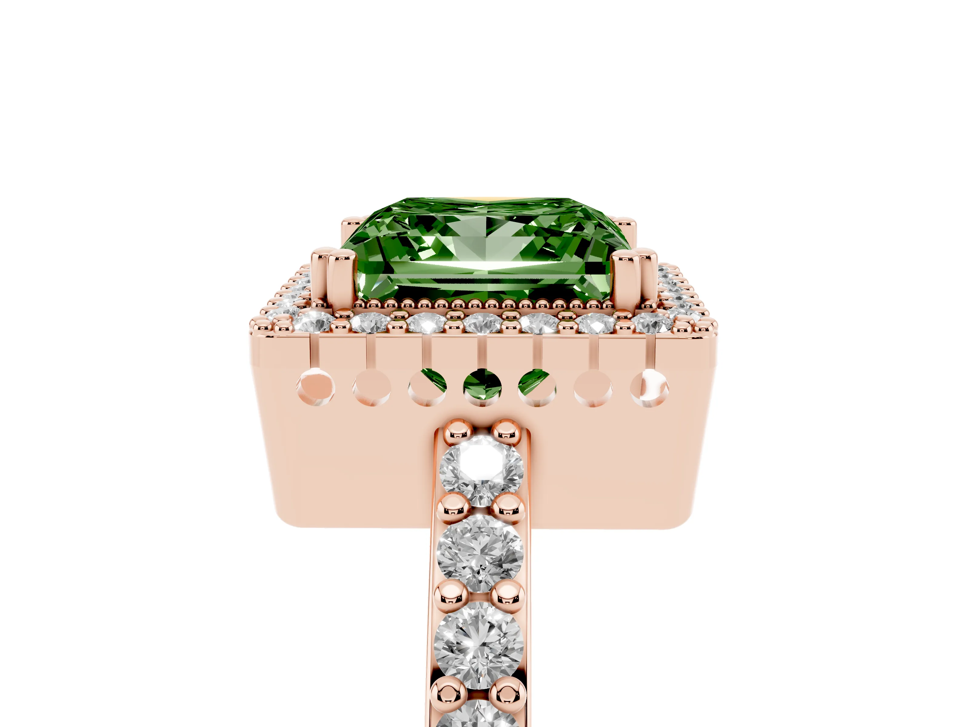 Fancy Green Princess Cut Diamond Halo Engagement Ring Set in Rose gold with Milgrain Detail and Pavé Band