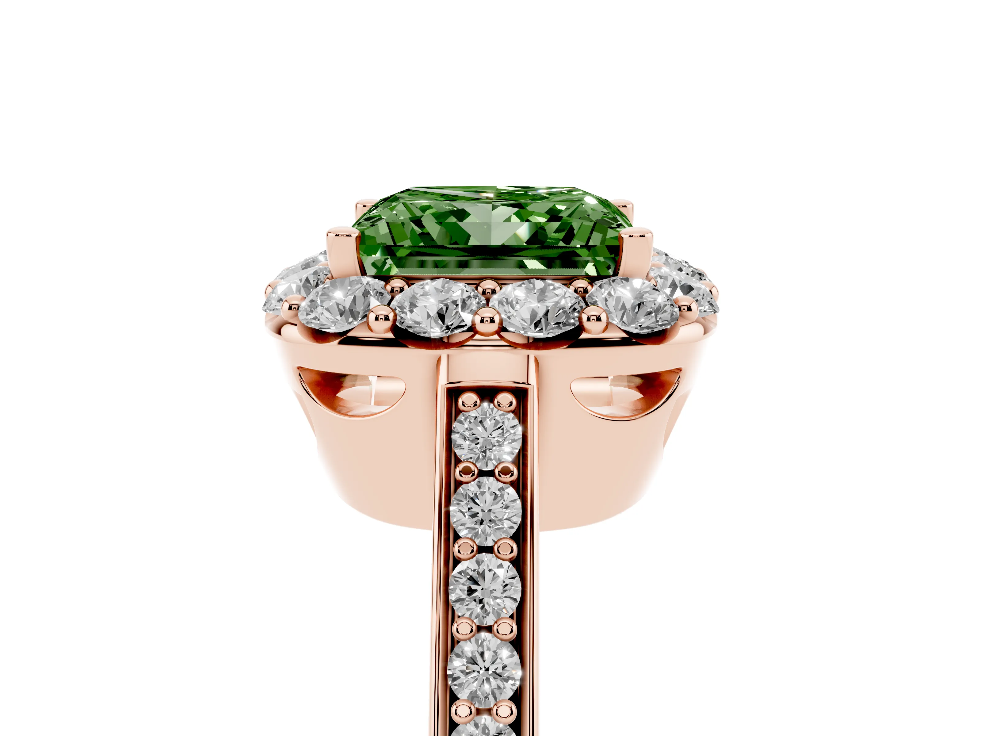 Fancy Green Princess Cut Diamond Floral Halo Ring Set in Rose gold with Pavé Band and Prong Setting