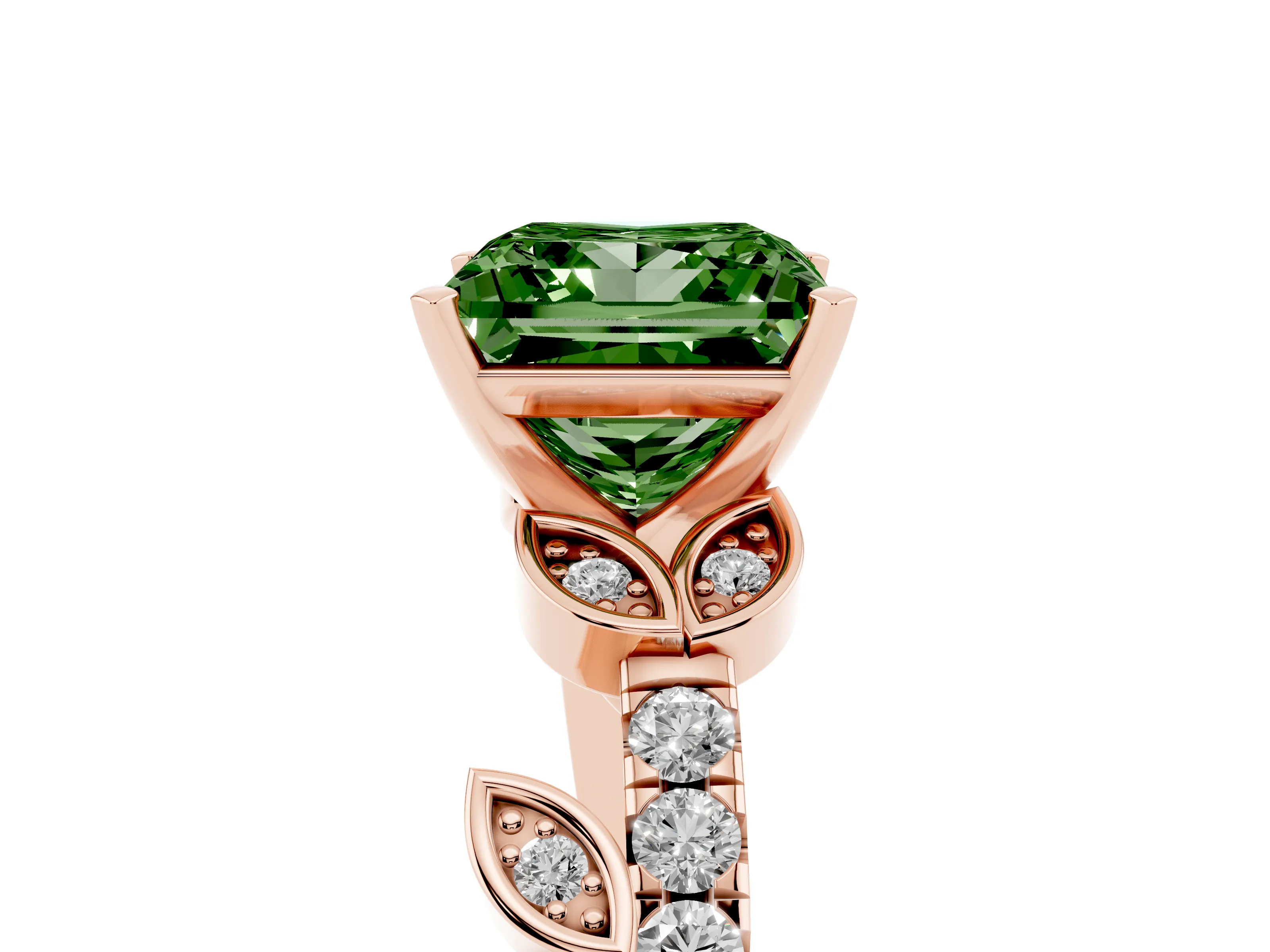 Fancy Green Princess Cut Diamond Solitaire Leaf-Inspired Ring Set in Rose gold with Pavé Band and Prong Setting