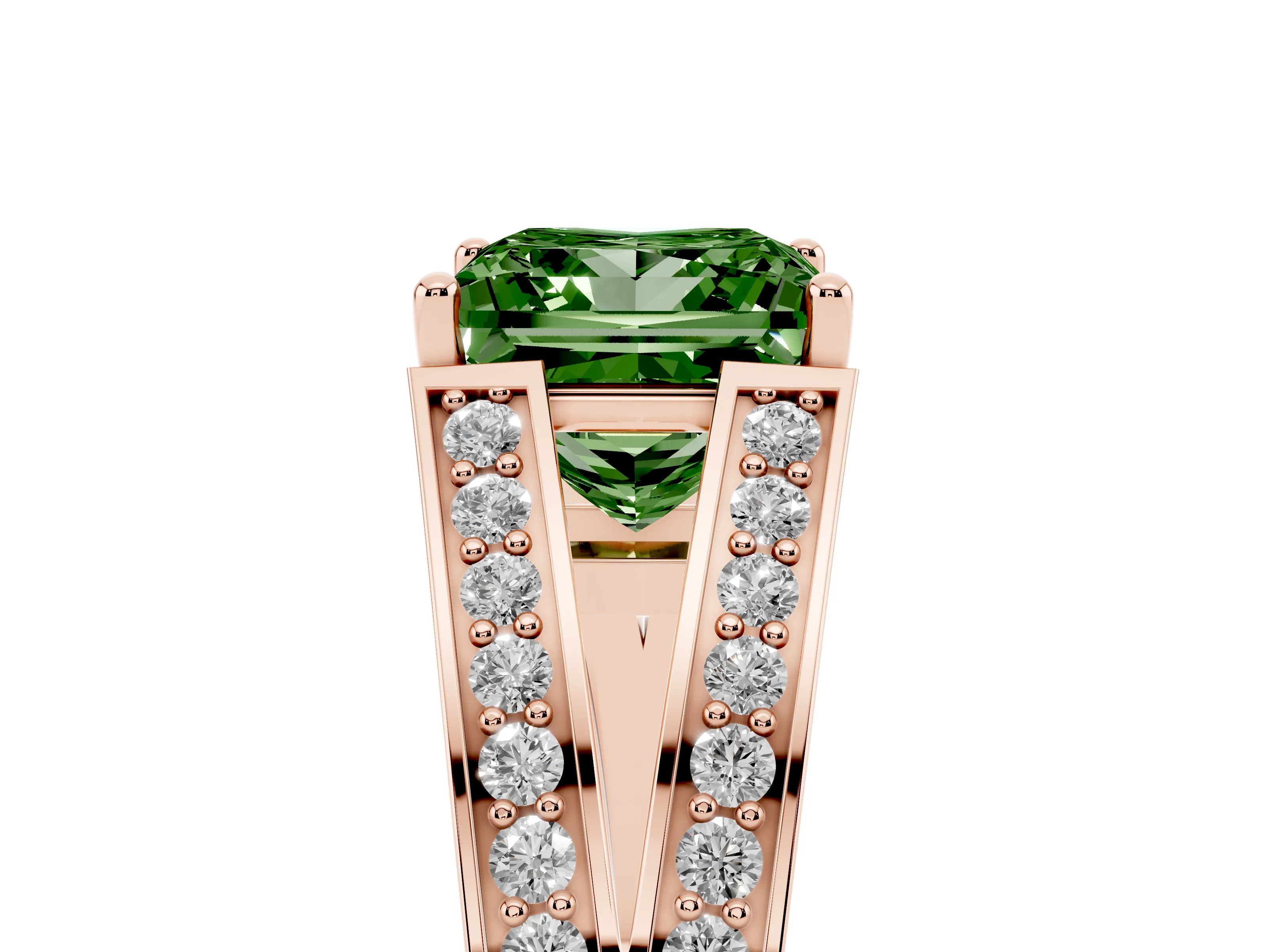 Fancy Green Princess Cut Diamond Split Shank Ring Set in Rose gold with Pavé Band and Prong Setting