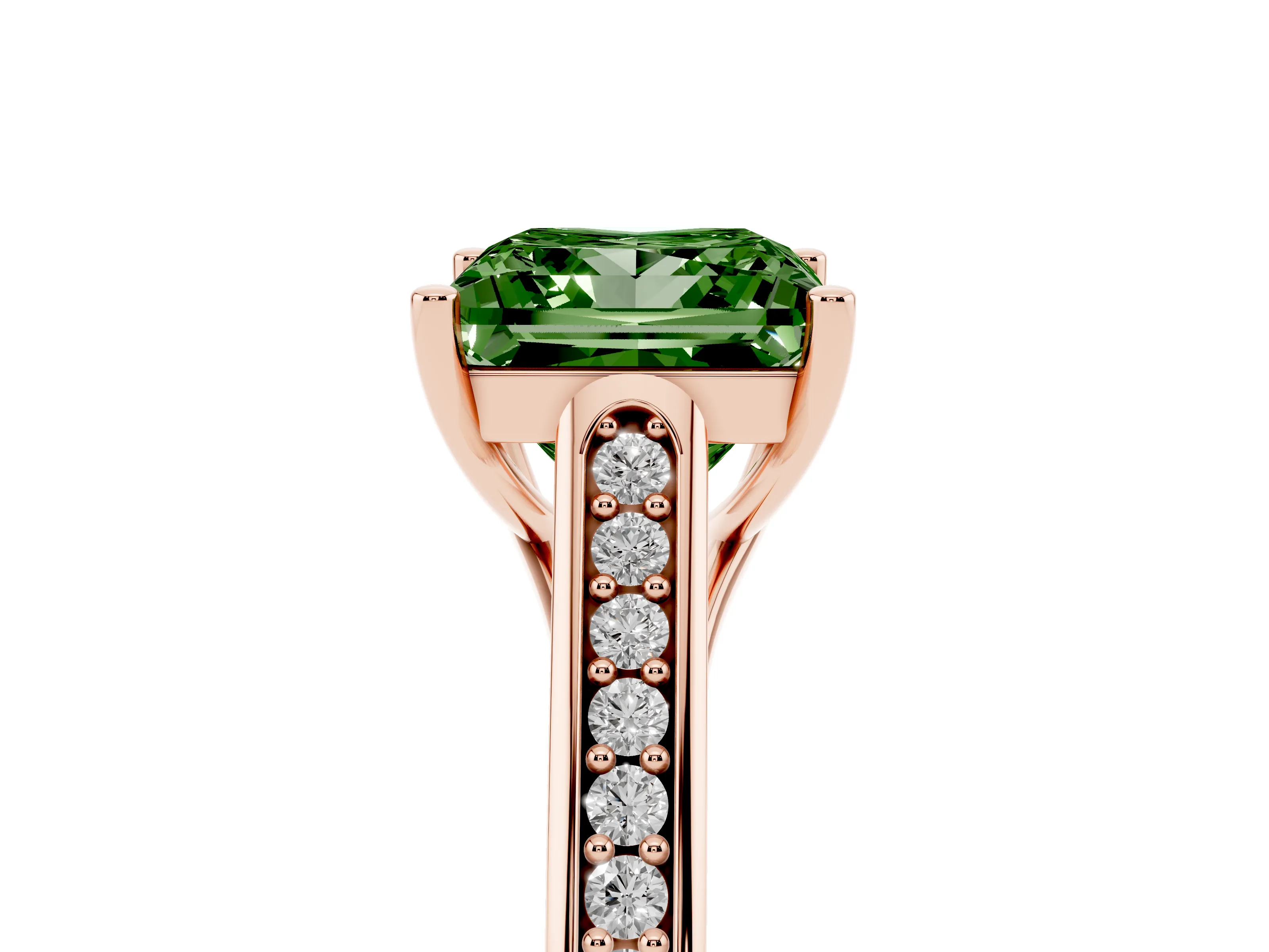 Fancy Green Princess Cut Diamond Solitaire Cathedral Engagement Ring Set in Rose gold with Channel-Set Band and Prong Setting