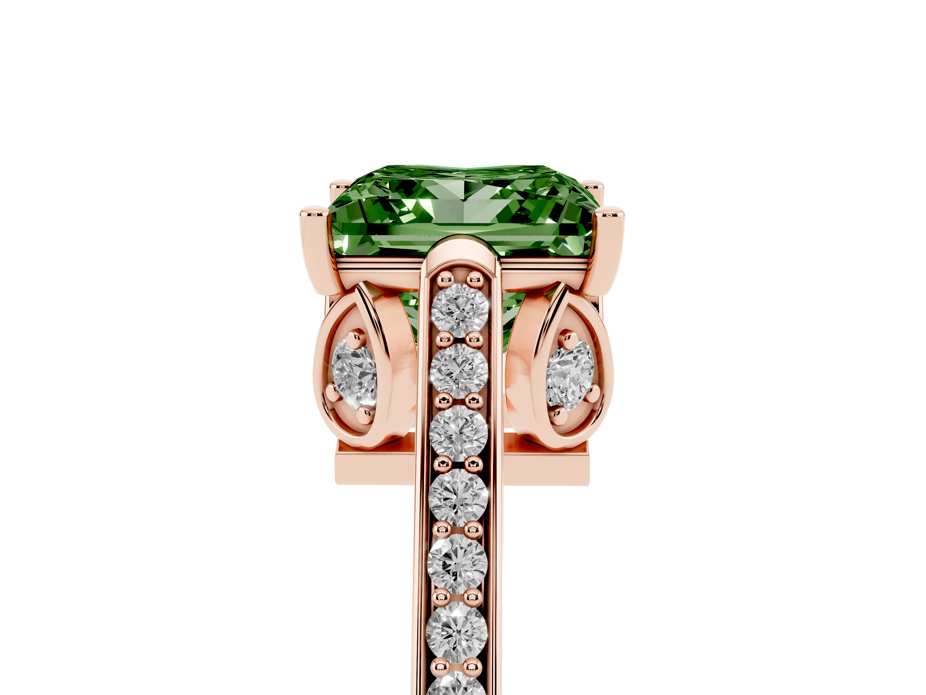 Fancy Green Princess Cut Diamond Cathedral Pavé Engagement Ring Set in Rose gold with Prong Setting
