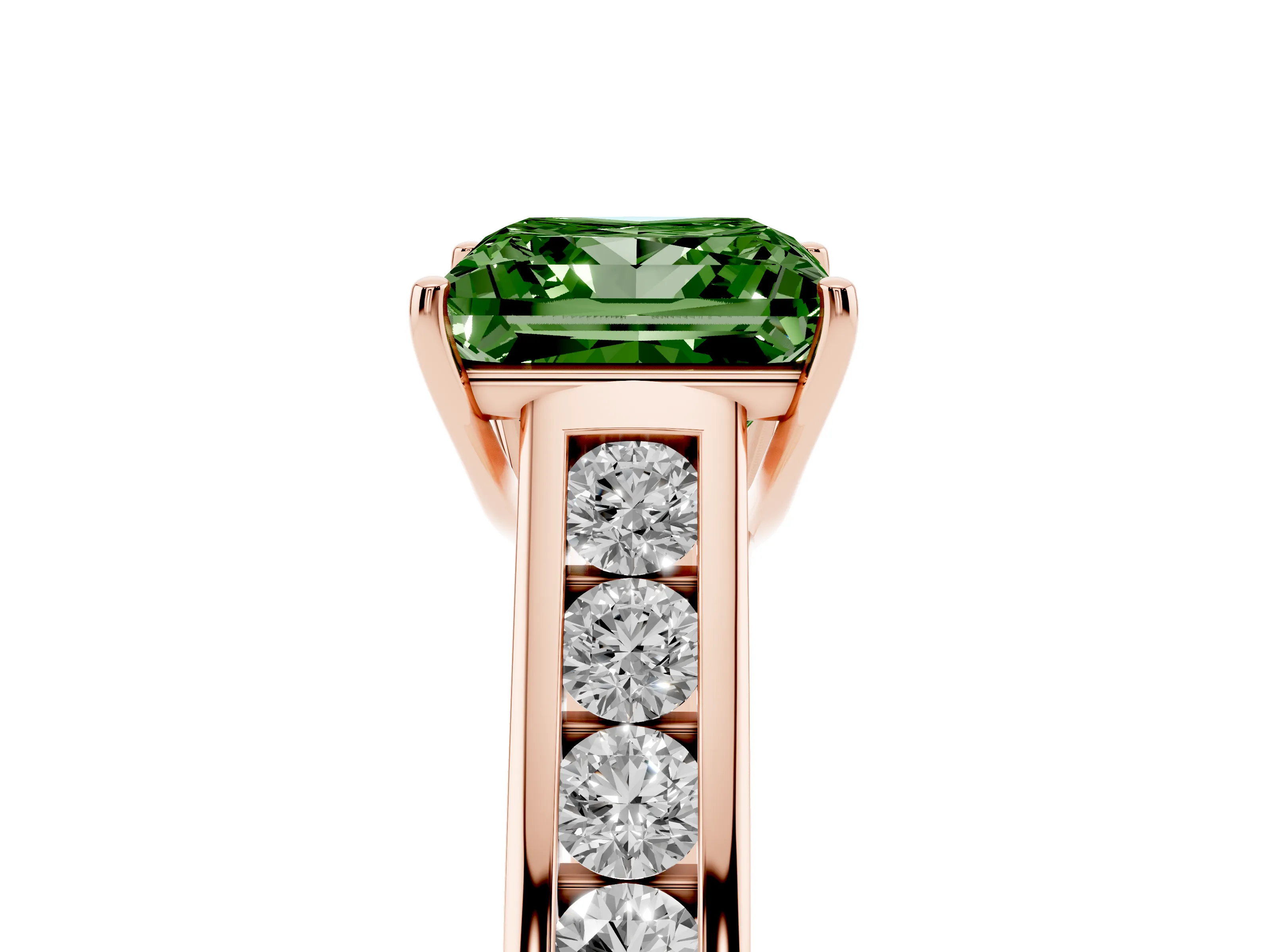 Fancy Green Princess Cut Diamond Solitaire Channel-Set Engagement Ring Set in Rose gold with Prong Setting