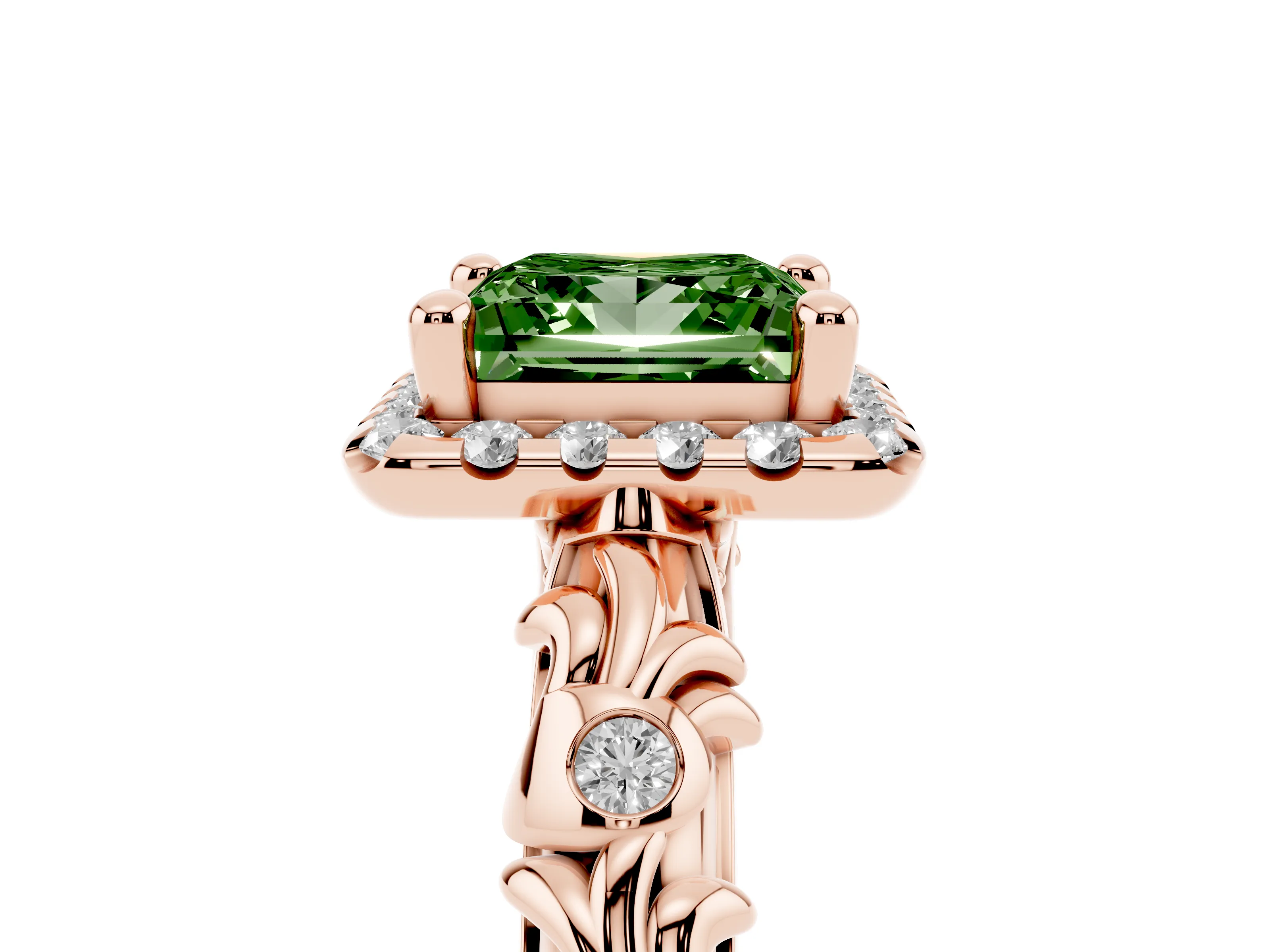 Fancy Green Princess Cut Diamond Halo Ring Set in Rose gold with Filigree Leaf Band and Prong Setting
