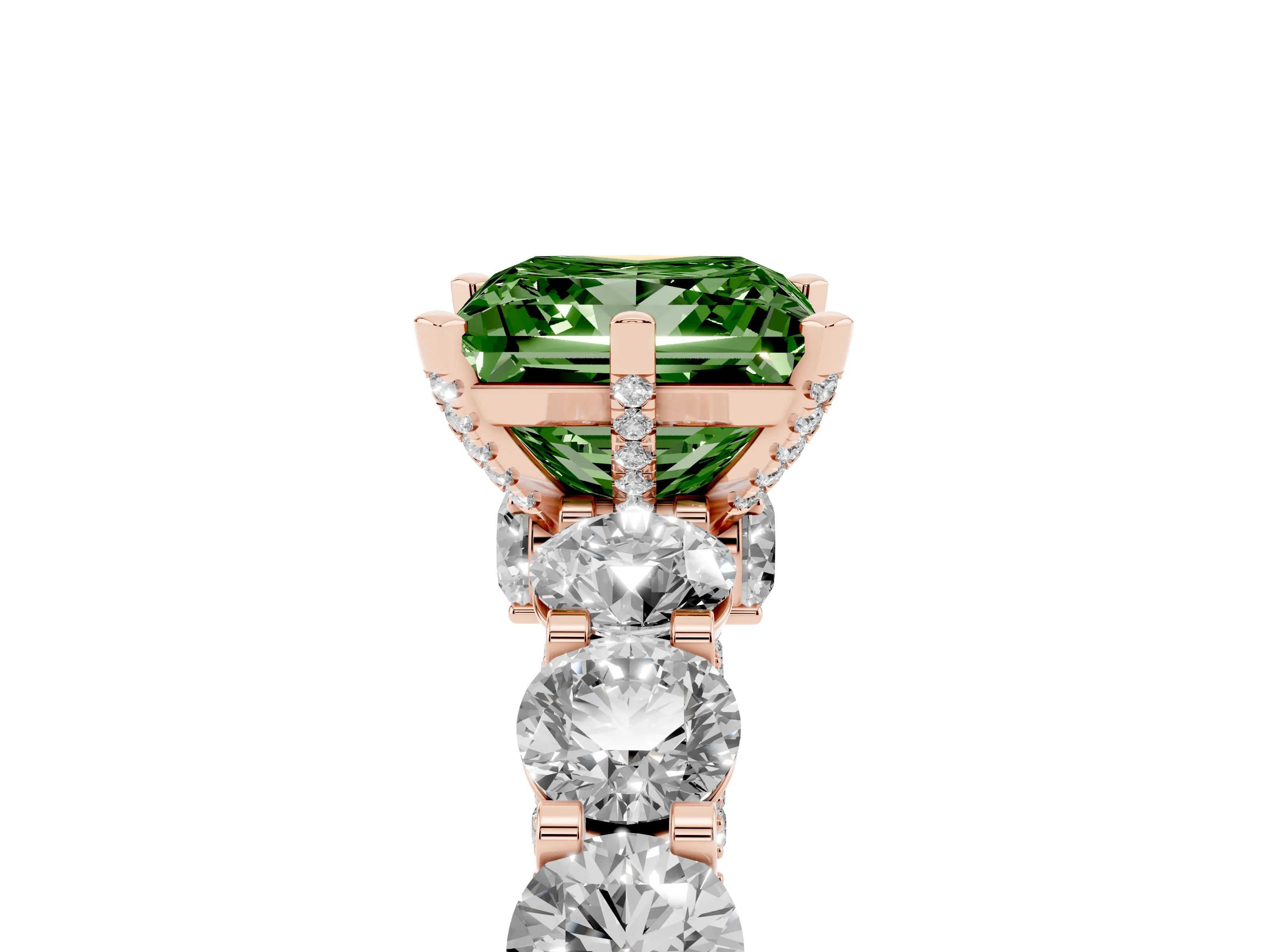 Fancy Green Princess Cut Diamond Side Stone Ring Set in Rose gold with Alternating Round and Oval Side Stones