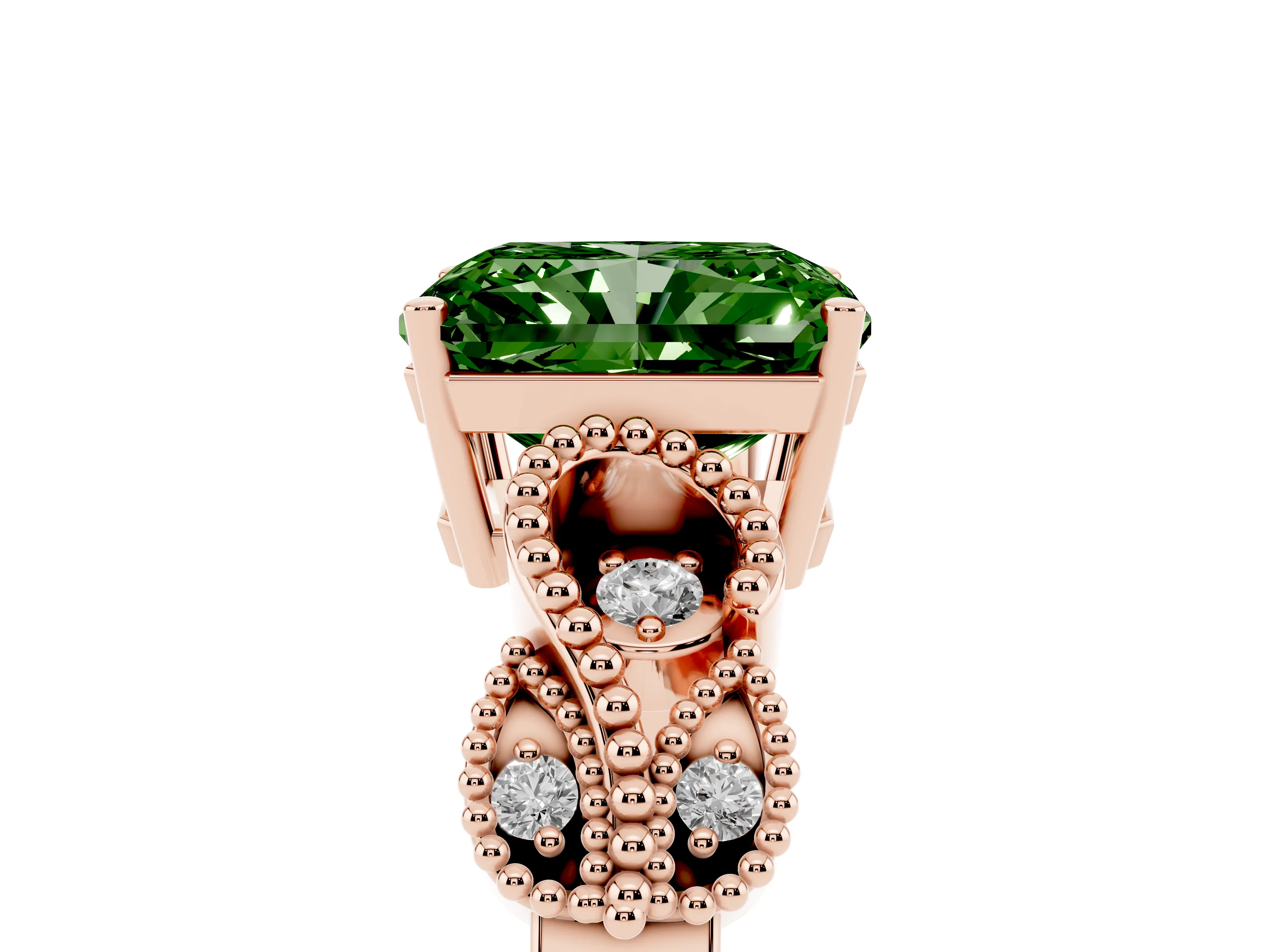 Fancy Green Princess Cut Diamond Milgrain Leaf Band Solitaire Ring Set in Rose gold with Accent Stones and Prong Setting