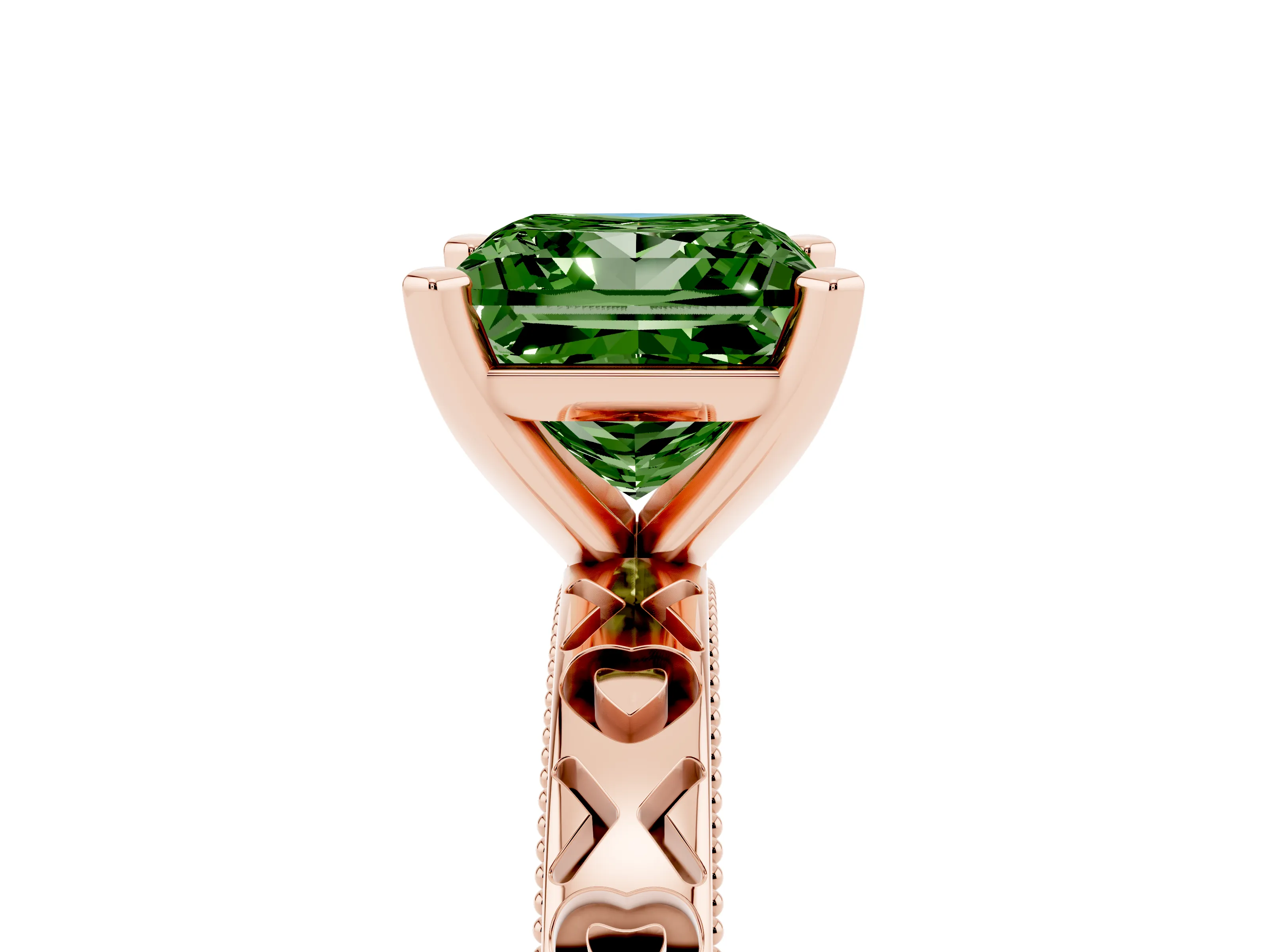 Fancy Green Princess Cut Diamond Solitaire Engagement Ring Set in Rose gold with XO Engraved Band and Prong Setting