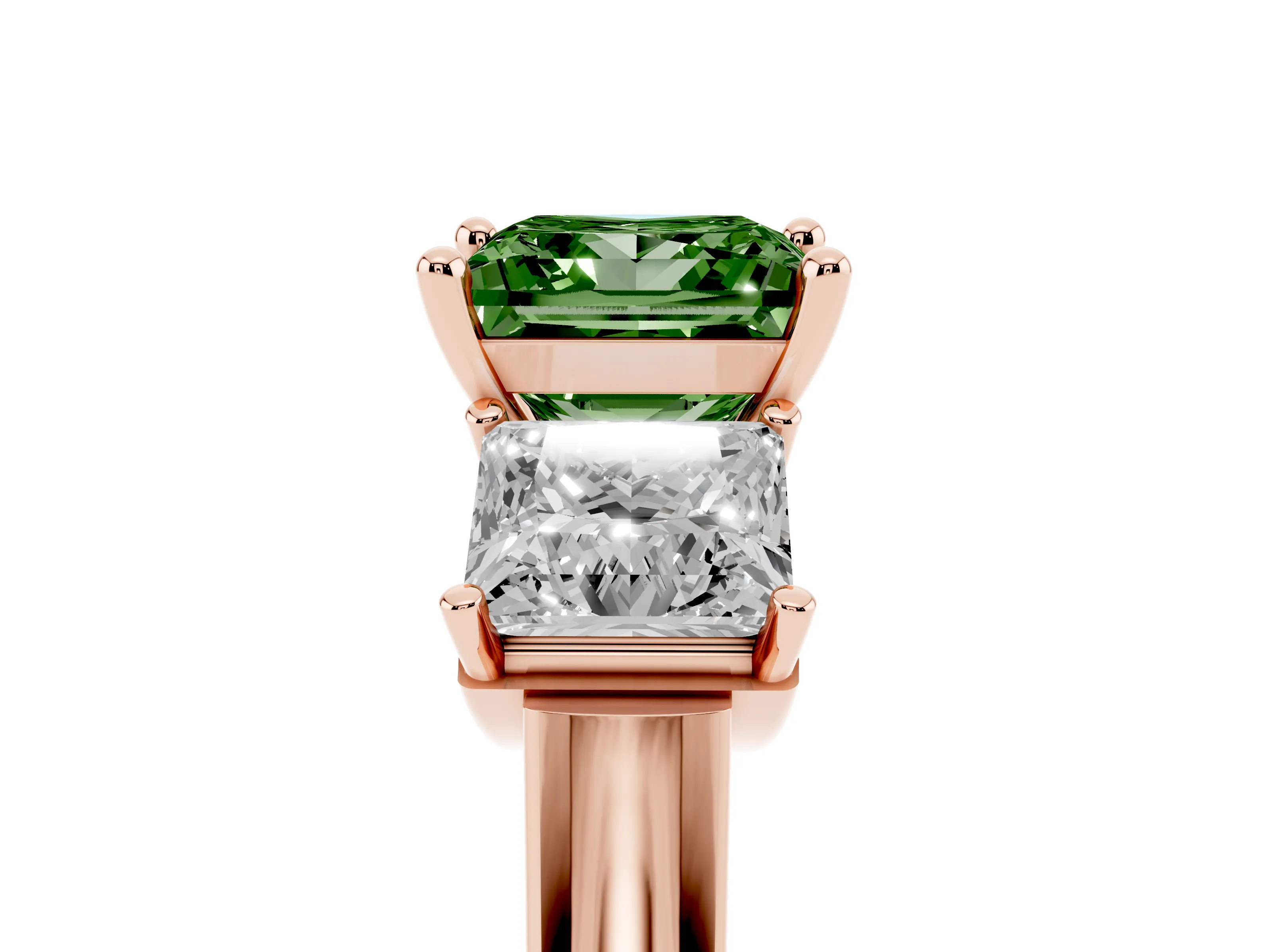 Fancy Green Princess Cut Diamond Three-Stone Trellis Ring Set in Rose gold with Comfort Fit Band