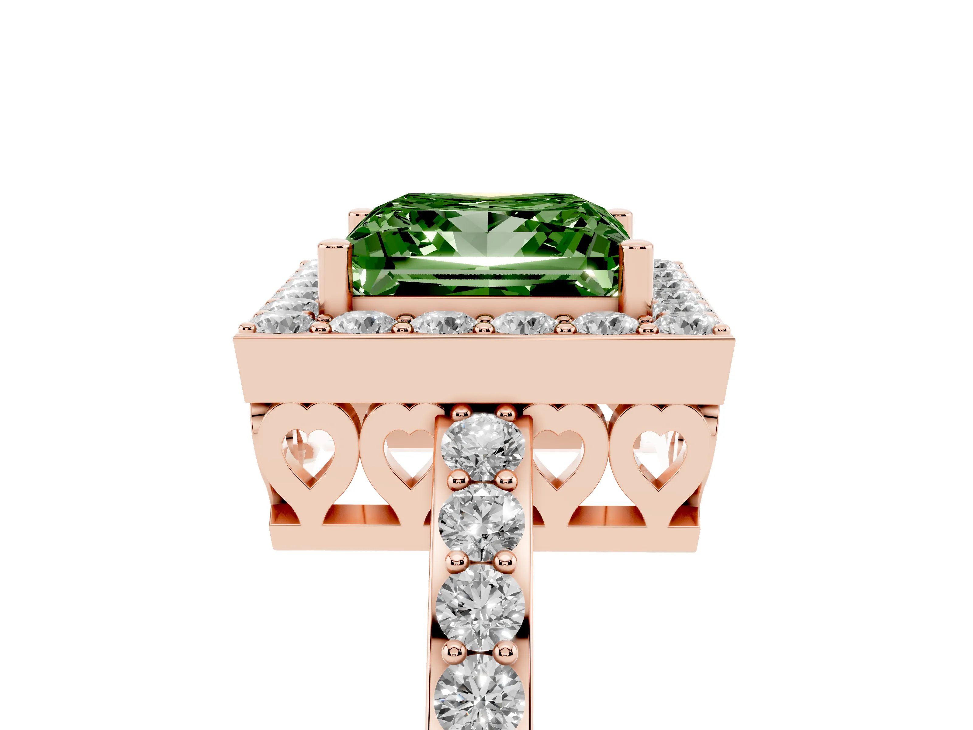 Fancy Green Princess Cut Diamond Halo Ring Set in Rose gold with Pavé-Setting Band and Open Prong Center