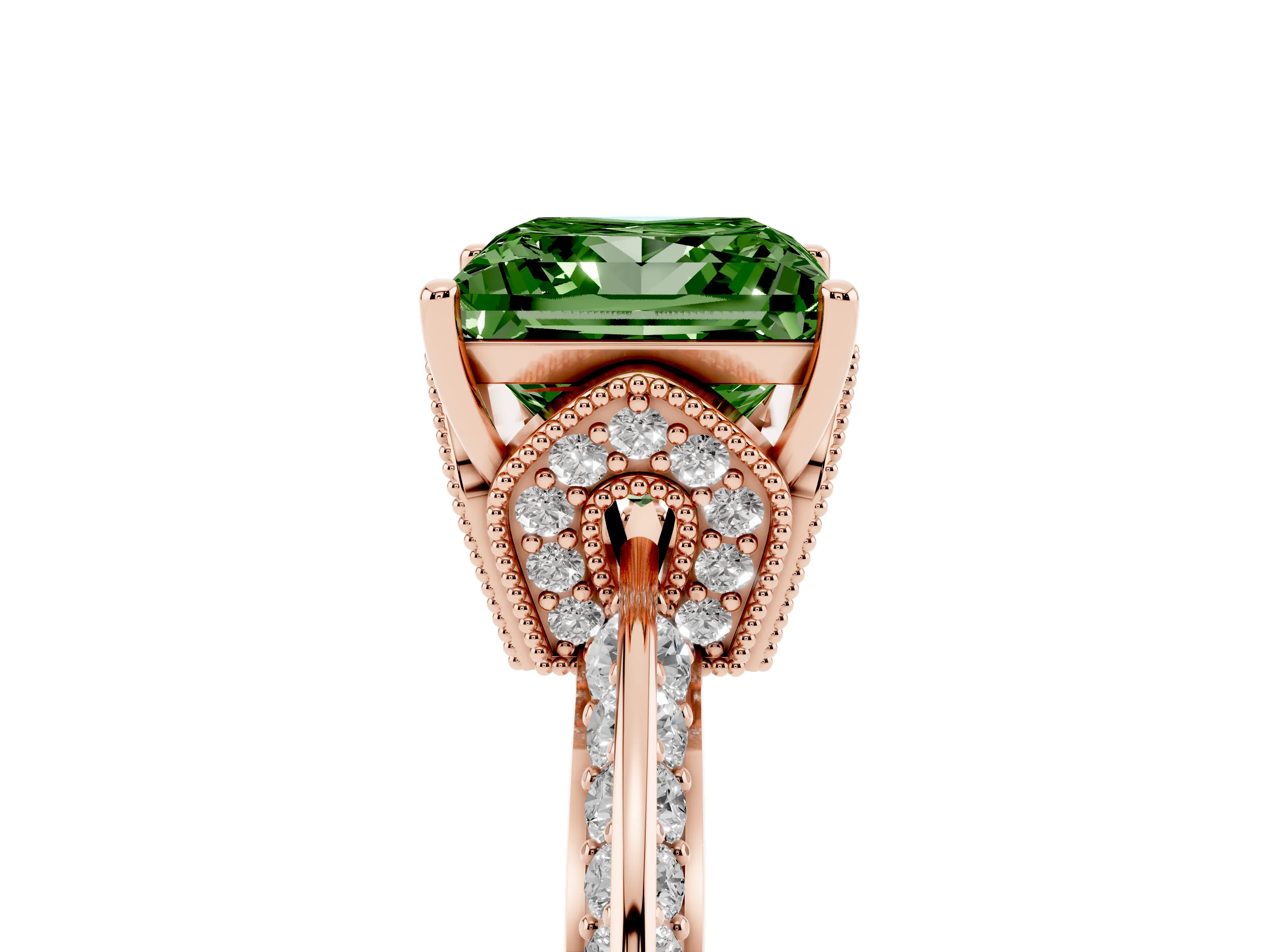Fancy Green Princess Cut Diamond Solitaire Engagement Ring Set in Rose gold with Pavé Split Shank and Prong Setting