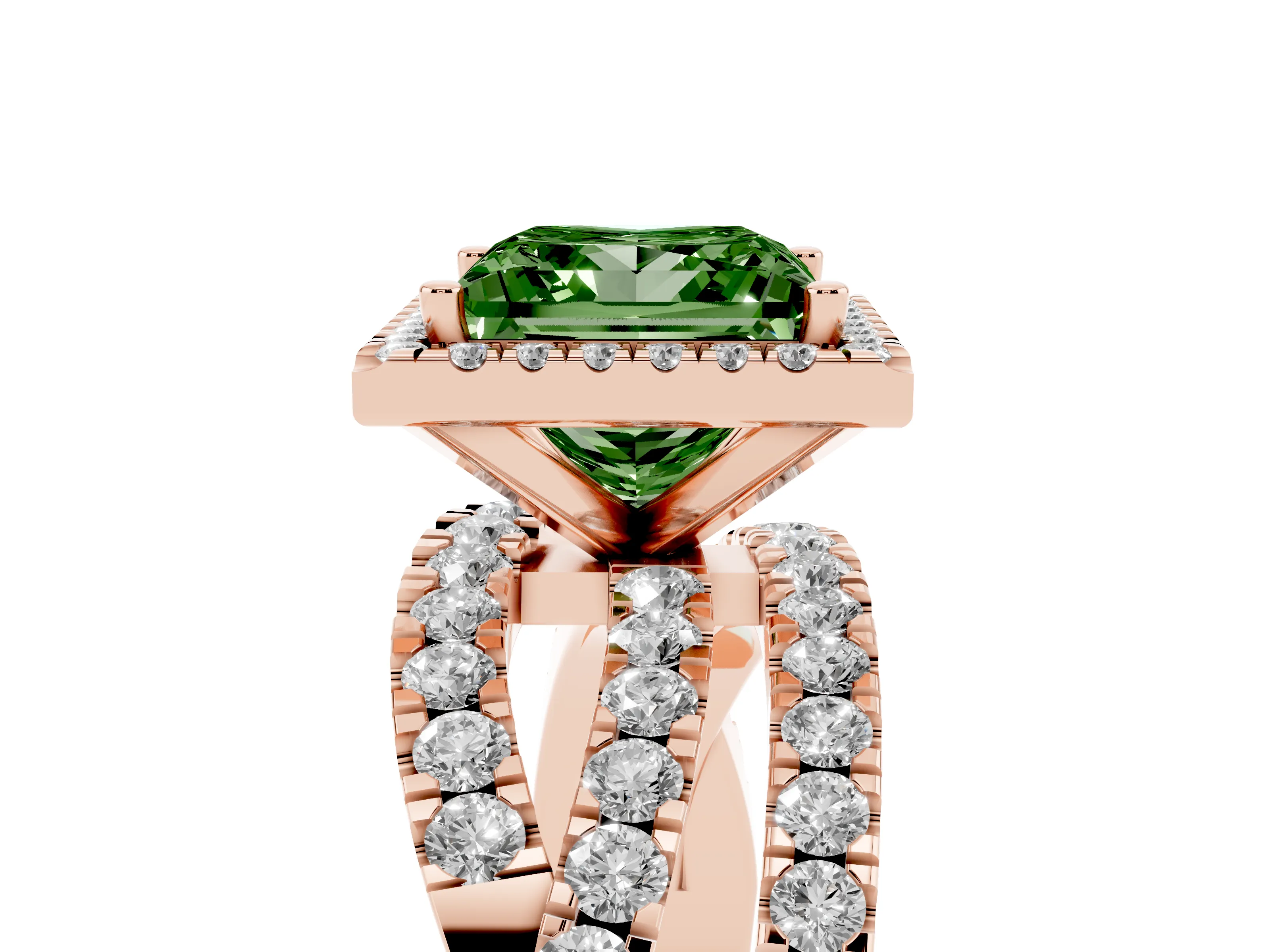 Fancy Green Princess Cut Diamond Halo Ring Set in Rose gold with Round Crossover Split Shank and Prong Setting