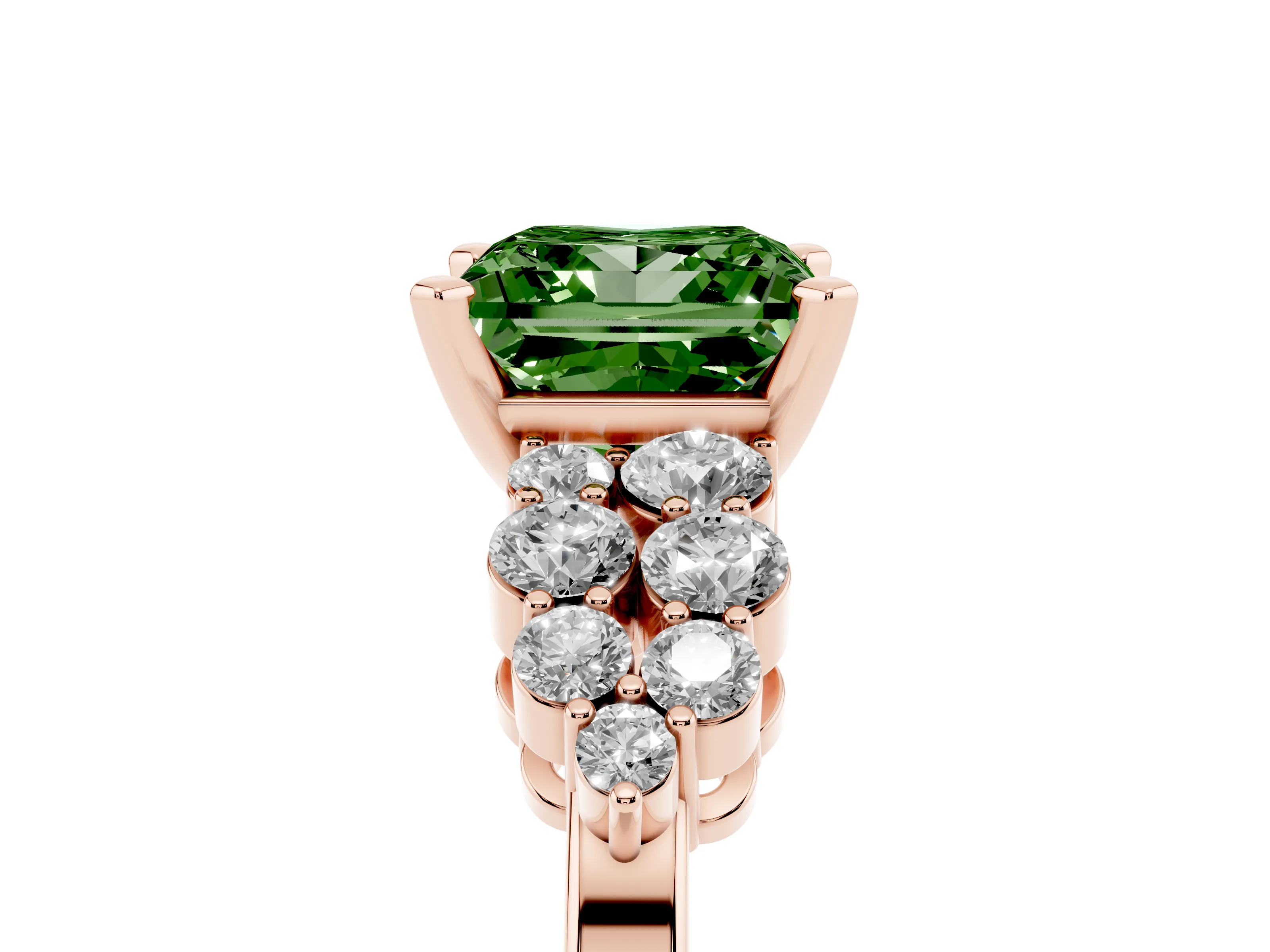 Fancy Green Princess Cut Diamond Cluster Engagement Ring Set in Rose gold with Pavé Band and Prong Setting