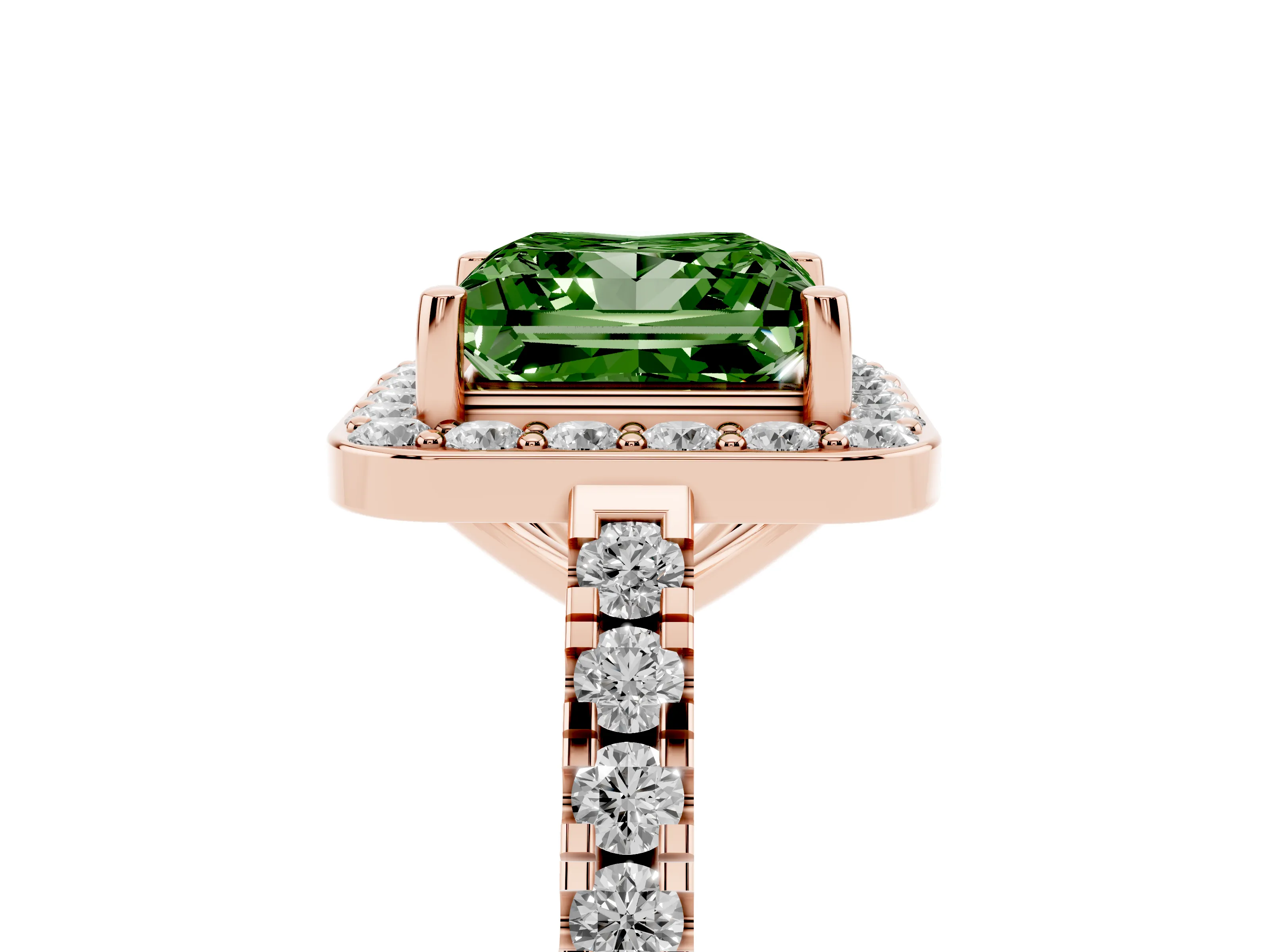 Fancy Green Princess Cut Diamond Halo Ring Set in Rose gold with Round Pavé Split Shank and Prong Setting