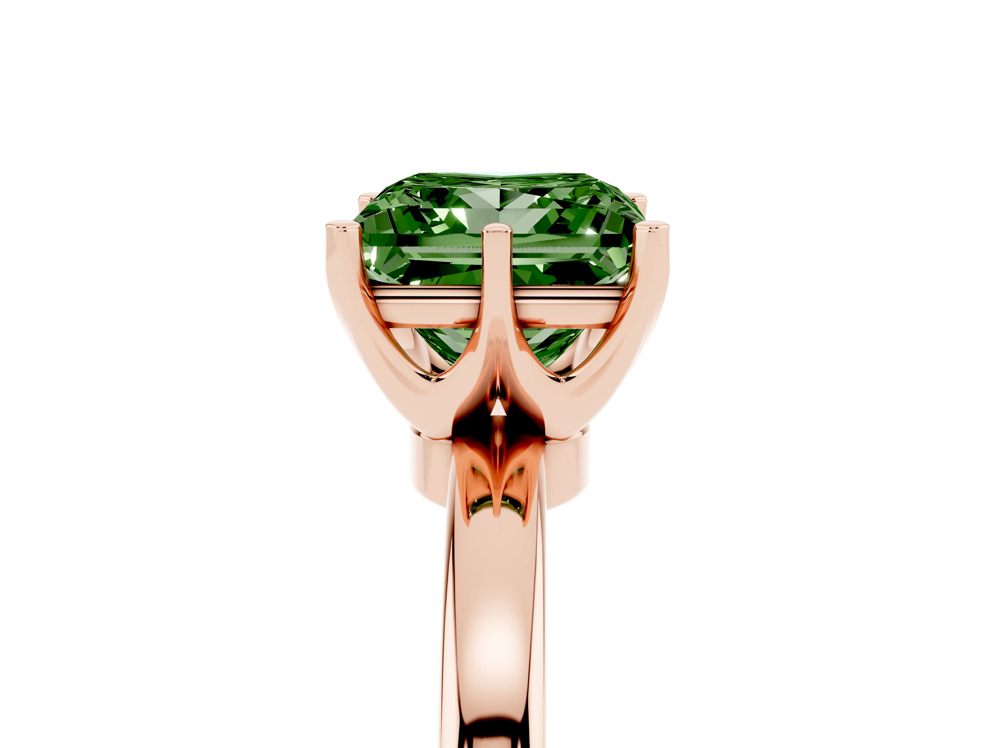 Fancy Green Princess Cut Diamond Solitaire Ring Set in Rose gold with Raised Prong Setting on a Classic Band