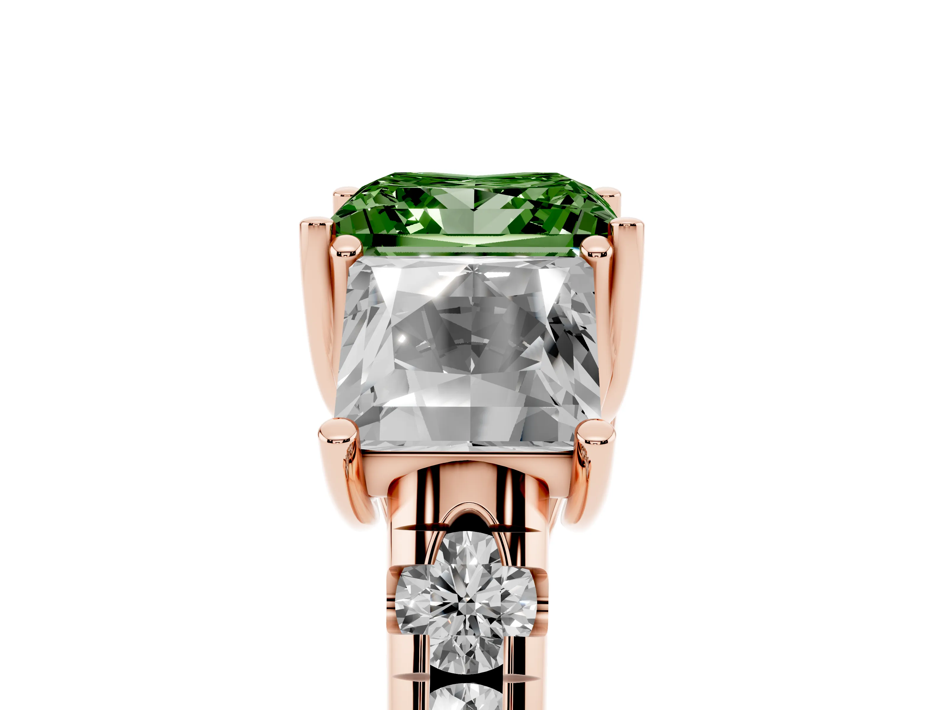 Fancy Green Princess Cut Diamond Three-Stone Ring Set in Rose gold with Pavé Band