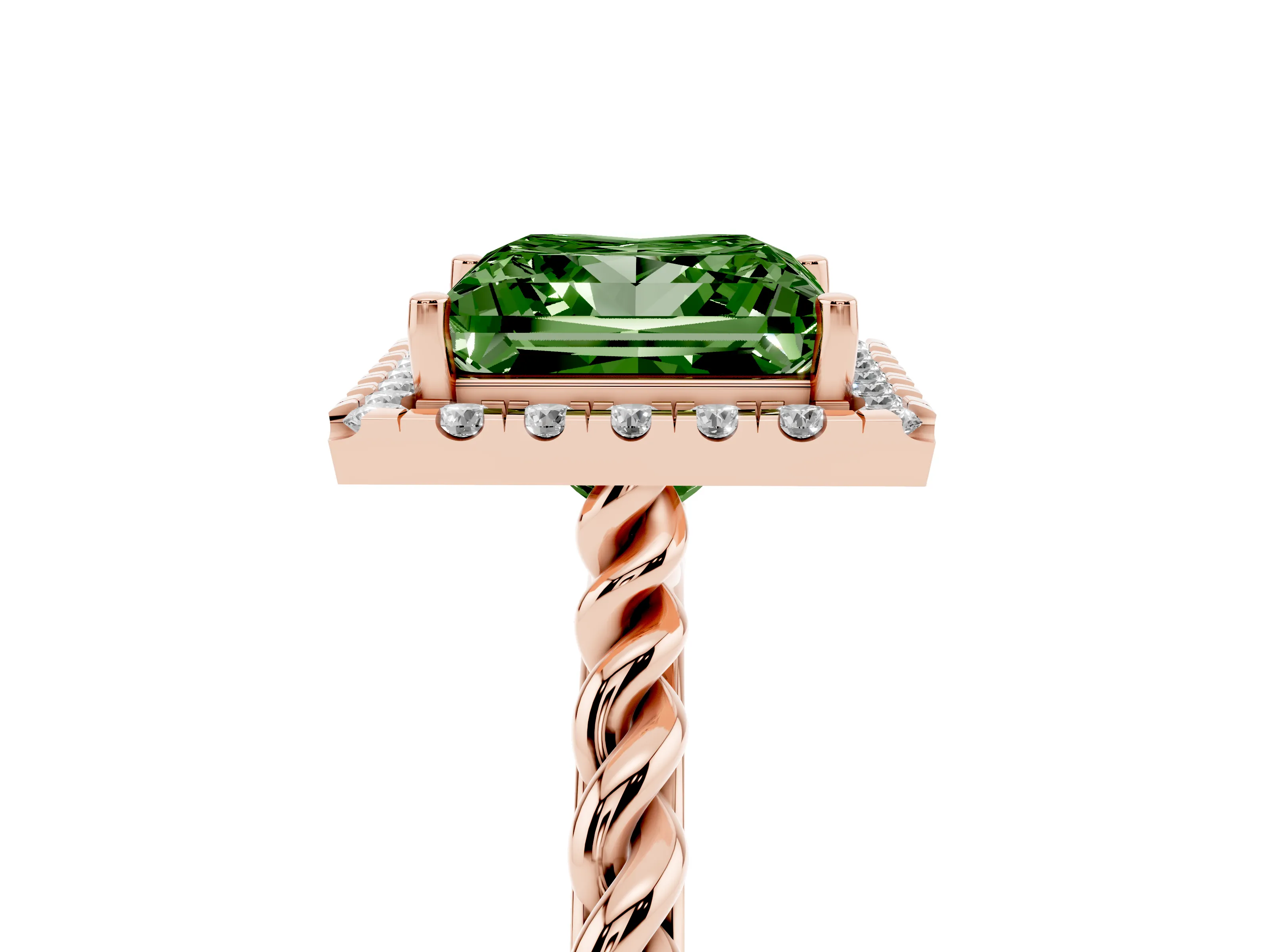 Fancy Green Princess Cut Diamond Halo Ring Set in Rose gold with Plain Twisted Band