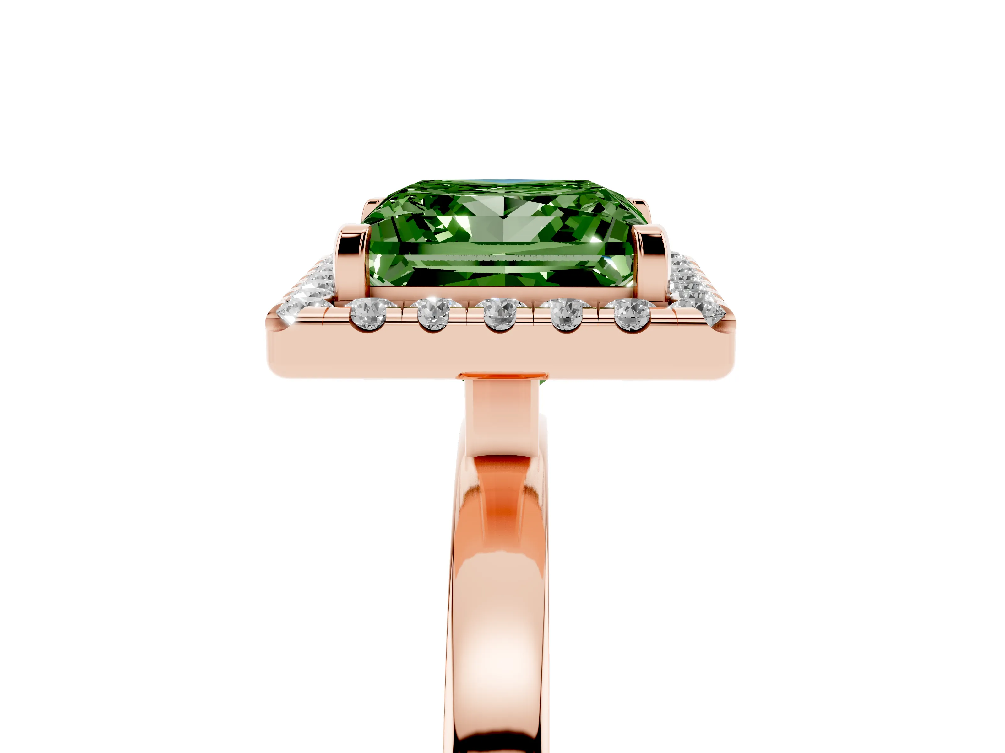 Fancy Green Princess Cut Diamond Halo Solitaire Ring Set in Rose gold with Pavé Band and Prong Setting