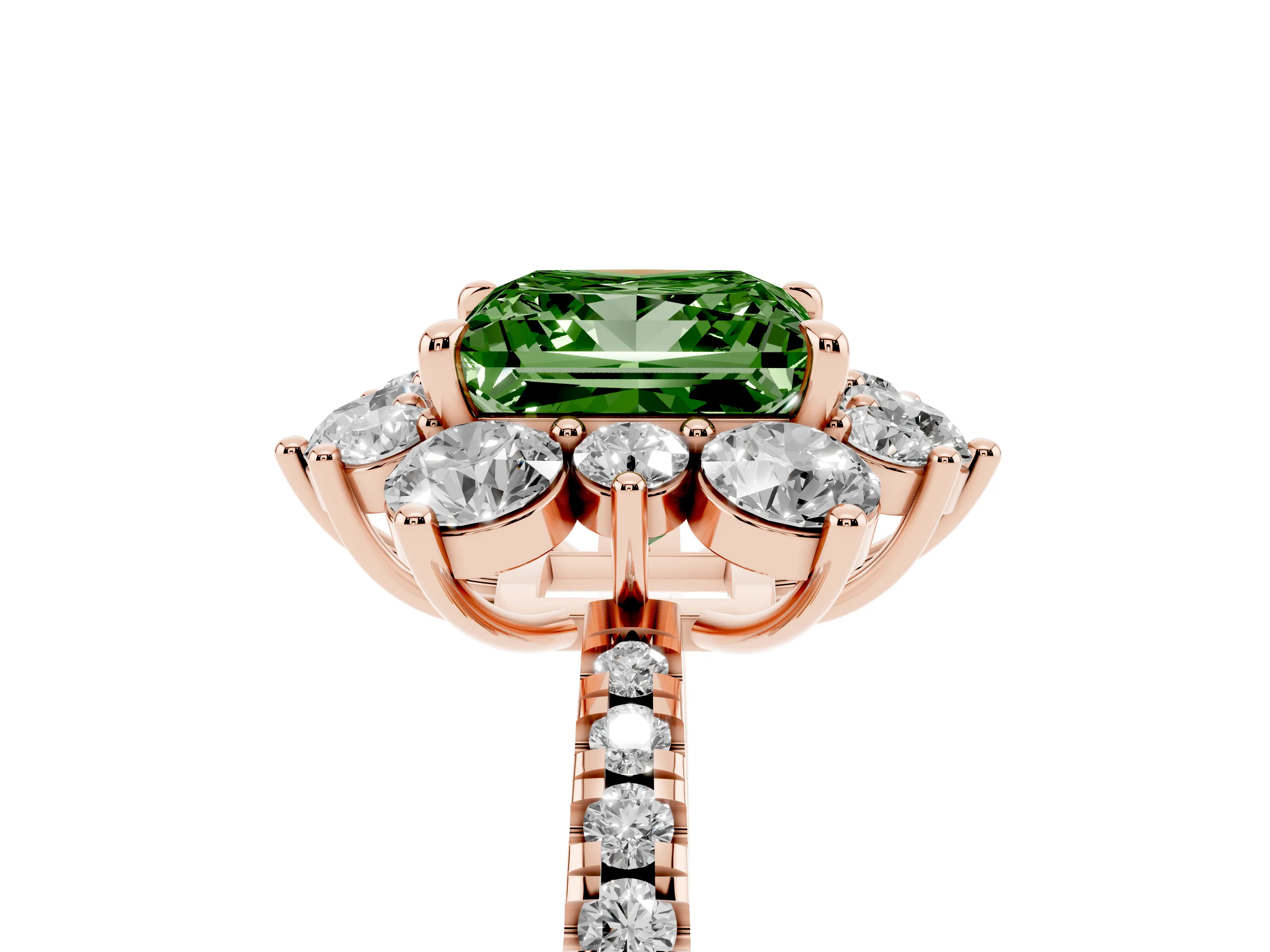 Fancy Green Princess Cut Diamond Floral Halo Ring Set in Rose gold with Round Pavé Band and Prong Setting