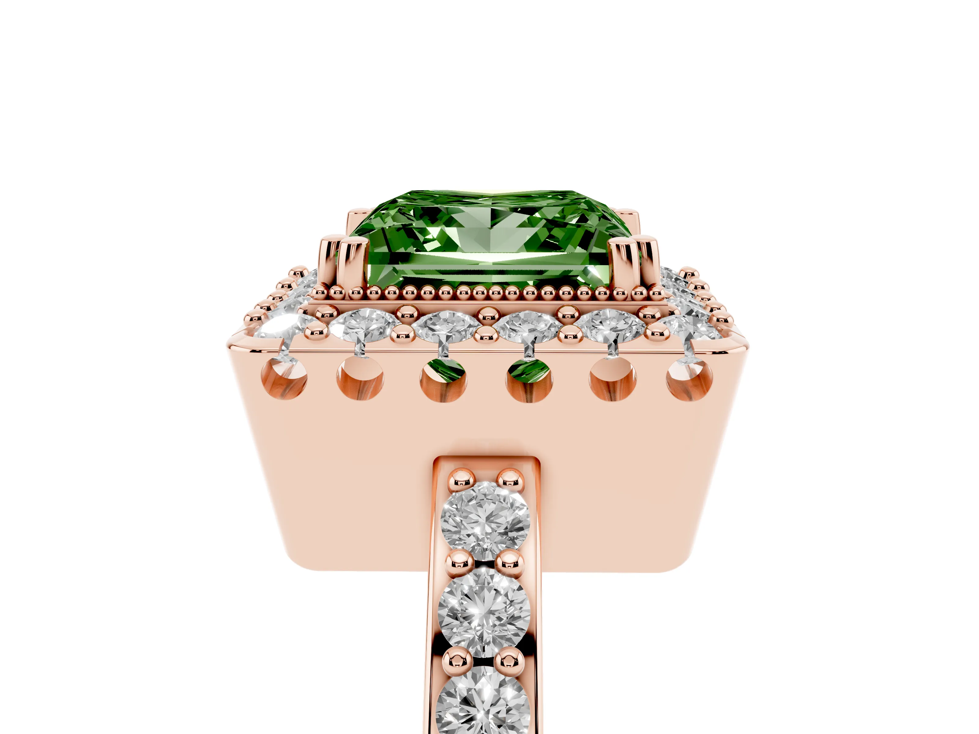 Fancy Green Princess Cut Diamond Halo Ring Set in Rose gold with Pavé Shank and Prong Setting