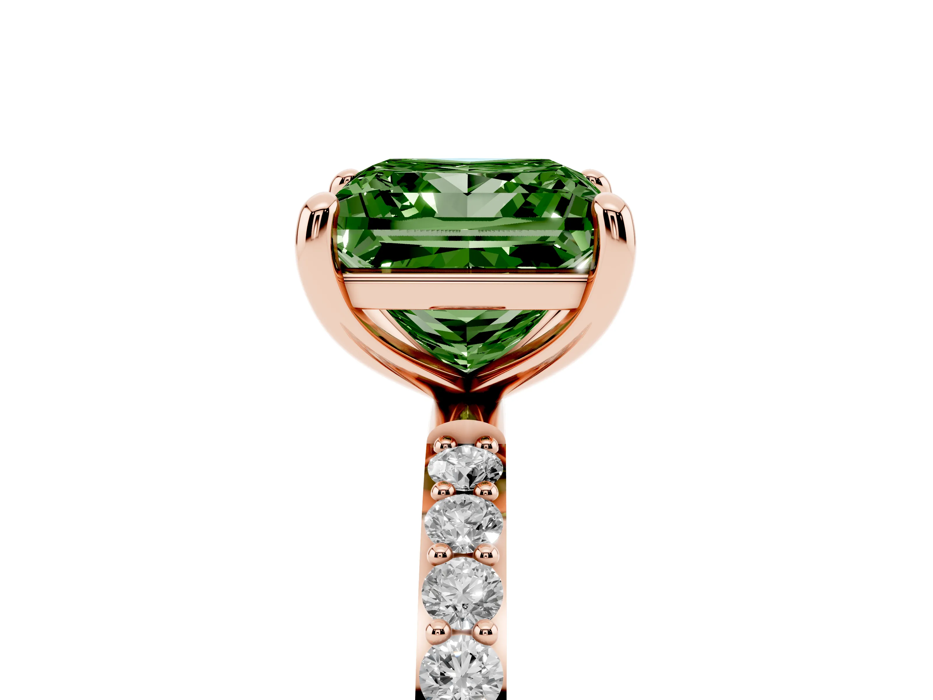 Fancy Green Princess Cut Diamond Solitaire Ring Set in Rose gold with Round Pavé Band and Prong Setting