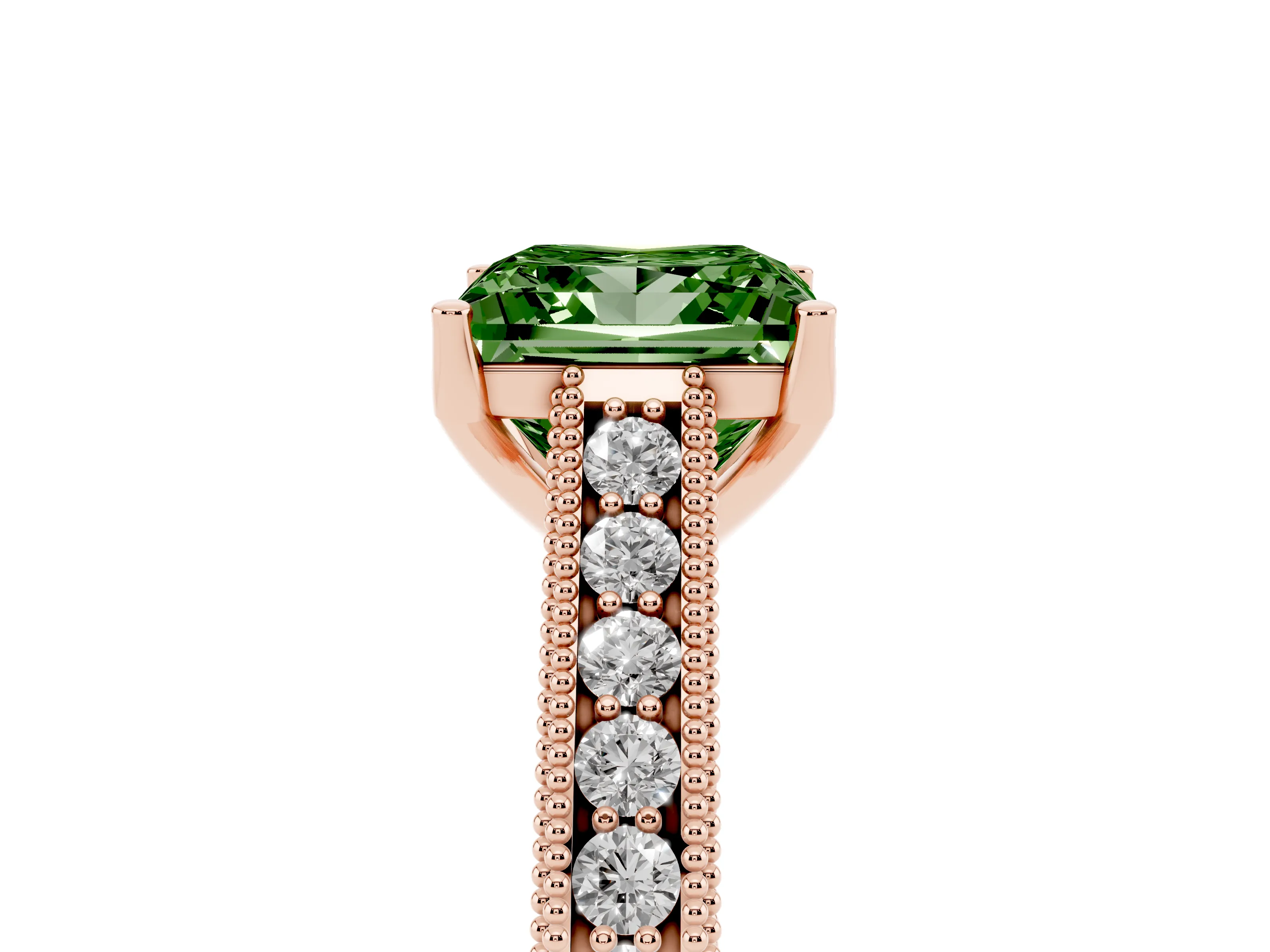 Fancy Green Princess Cut Diamond Milgrain Pavé Band Solitaire Ring Set in Rose gold with Prong Setting