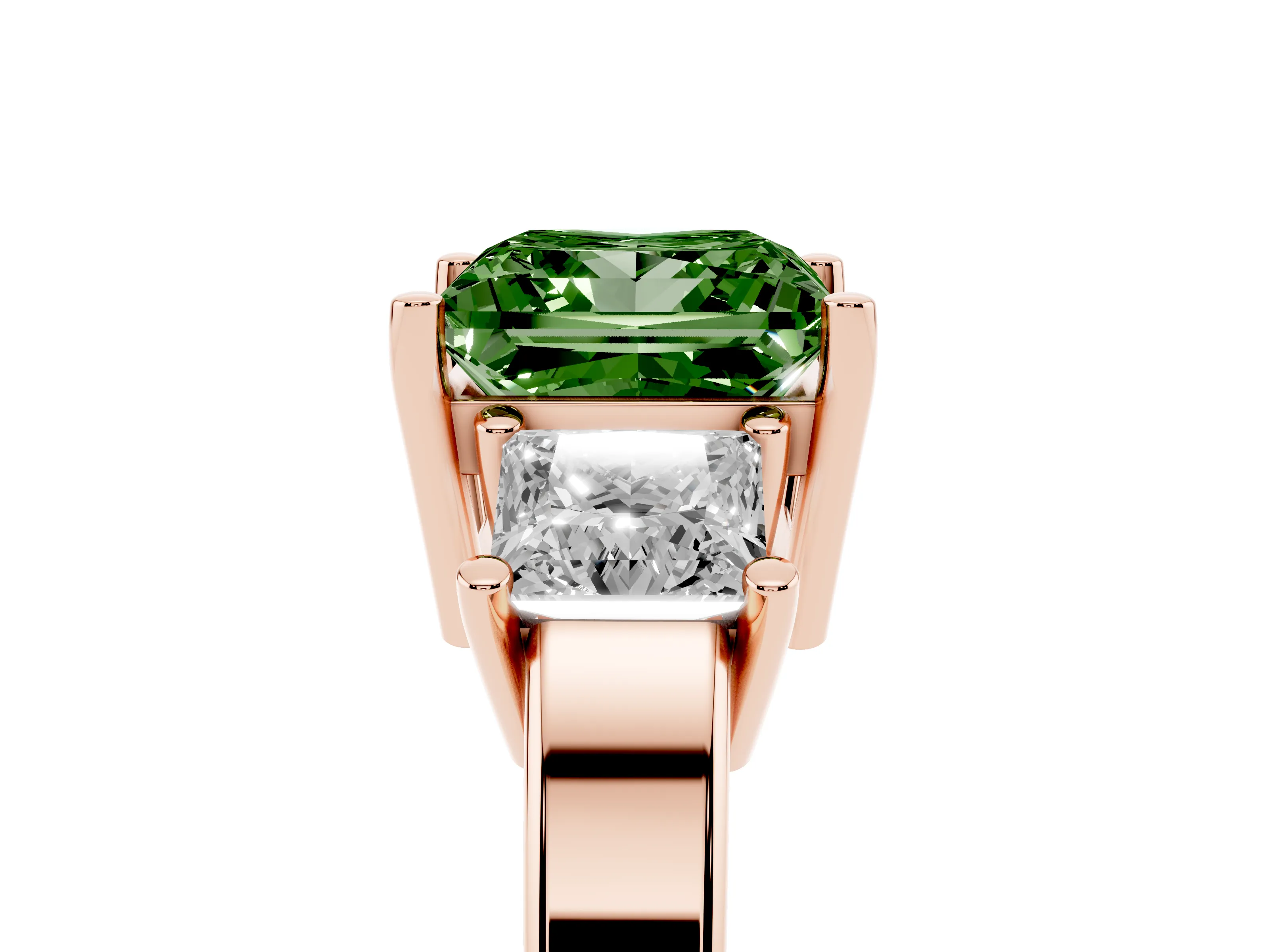 Fancy Green Three-Stone Princess Cut Diamond Solitaire Ring Set in Rose gold with Prong Setting