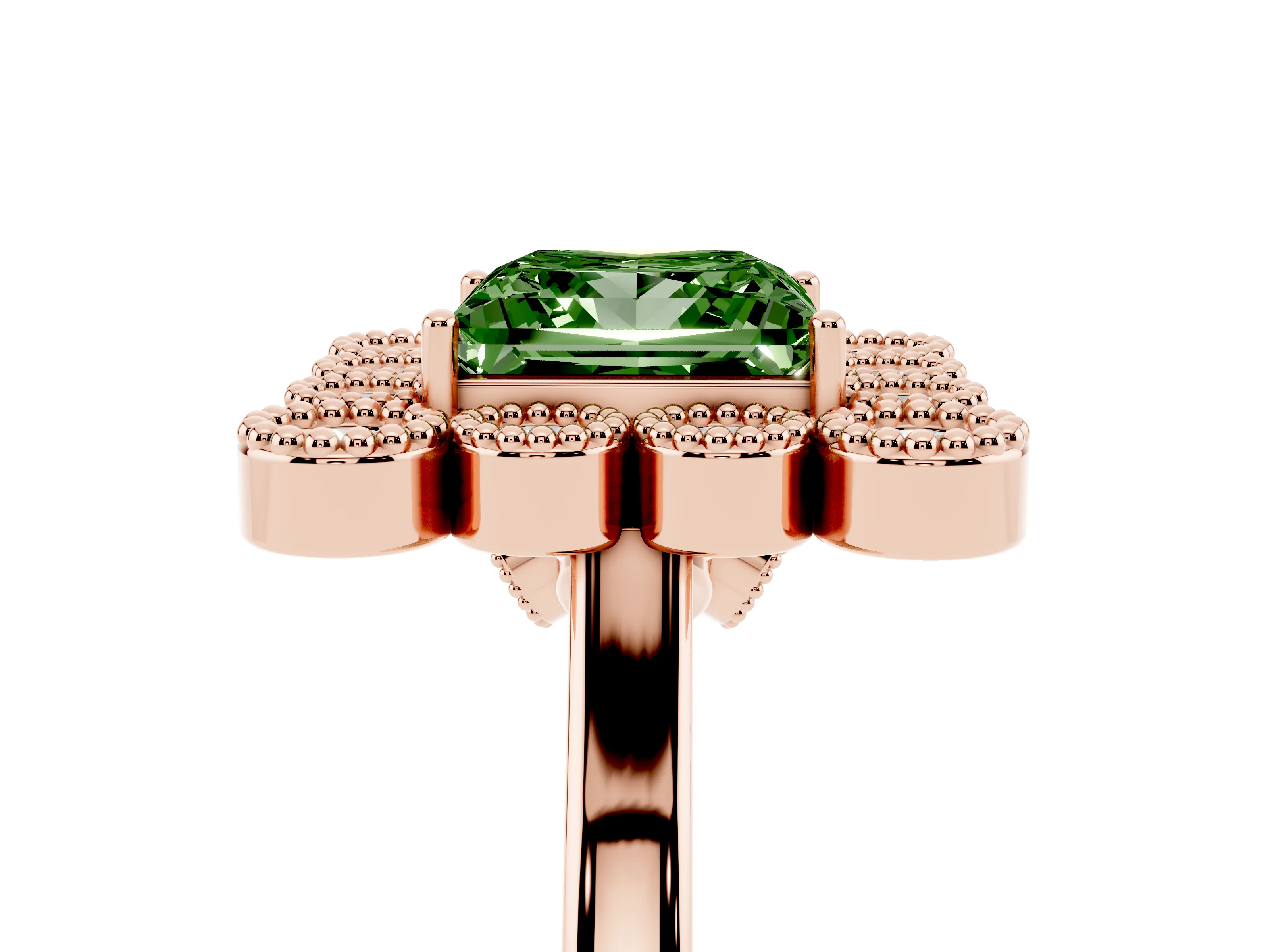 Fancy Green Princess Cut Diamond Cluster Halo Ring Set in Rose gold with Milgrain Bezel Accents and Plain Band