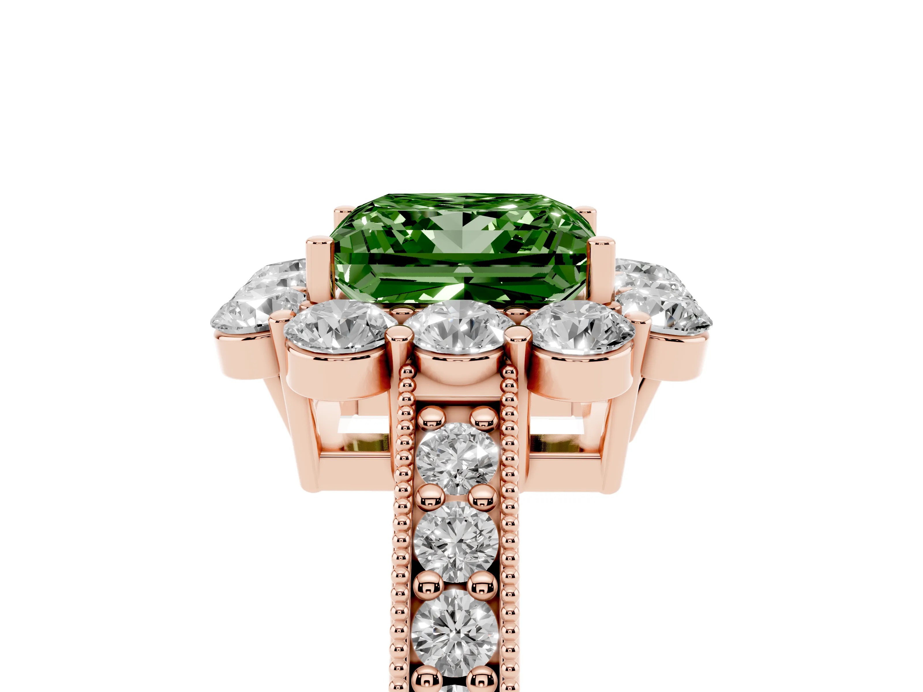 Fancy Green Princess Cut Diamond Halo Pavé Engagement Ring Set in Rose gold with Milgrain Detailing