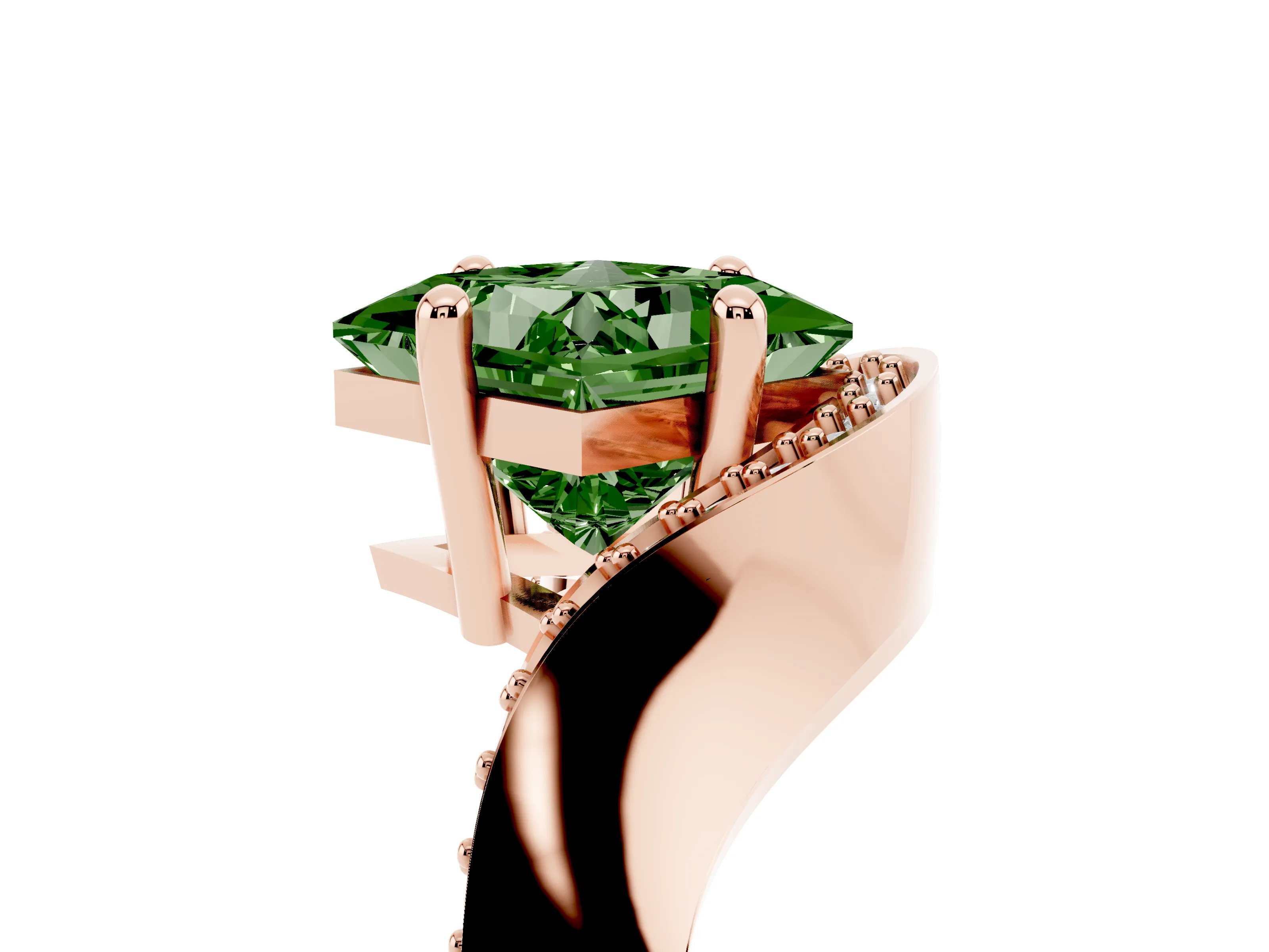 Fancy Green Princess Cut Diamond Solitaire Engagement Ring Set in Rose gold with Pavé Shoulders