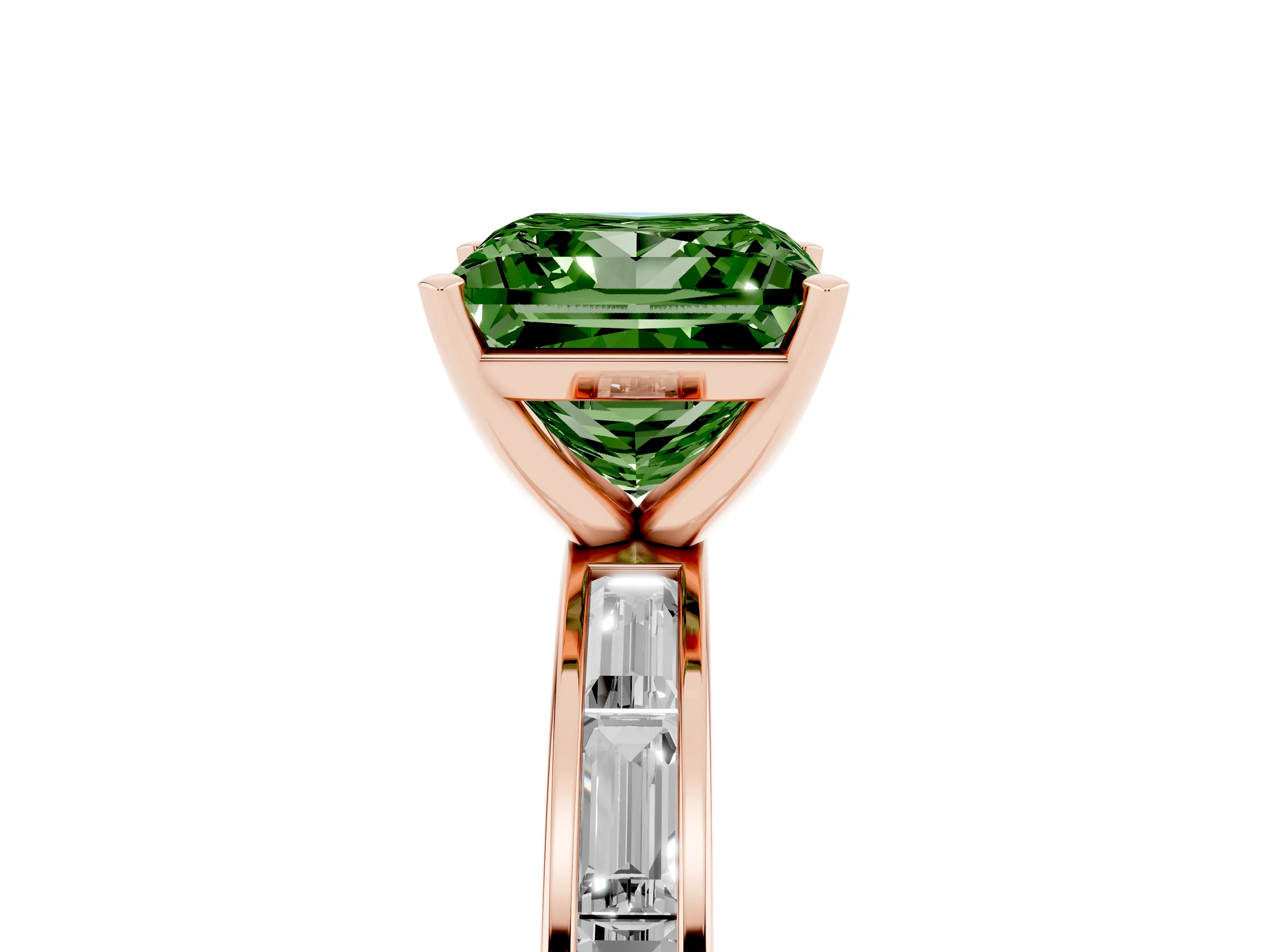 Fancy Green Princess Cut Diamond Solitaire Ring Set in Rose gold with Channel-Set Baguette Band and Prong Setting