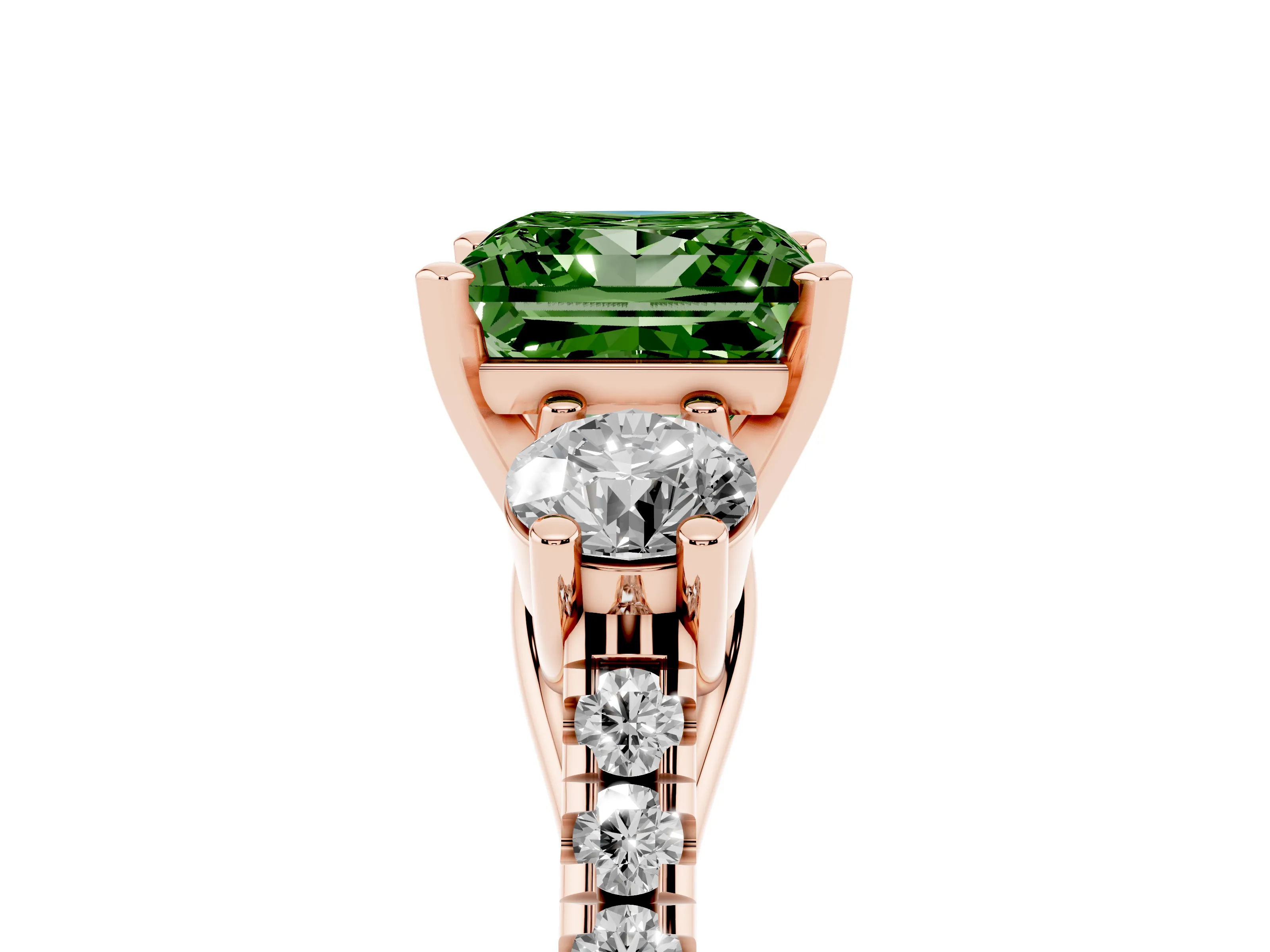 Fancy Green Three-Stone Princess Cut Diamond Pavé Band Ring Set in Rose gold with Prong-Set Trio
