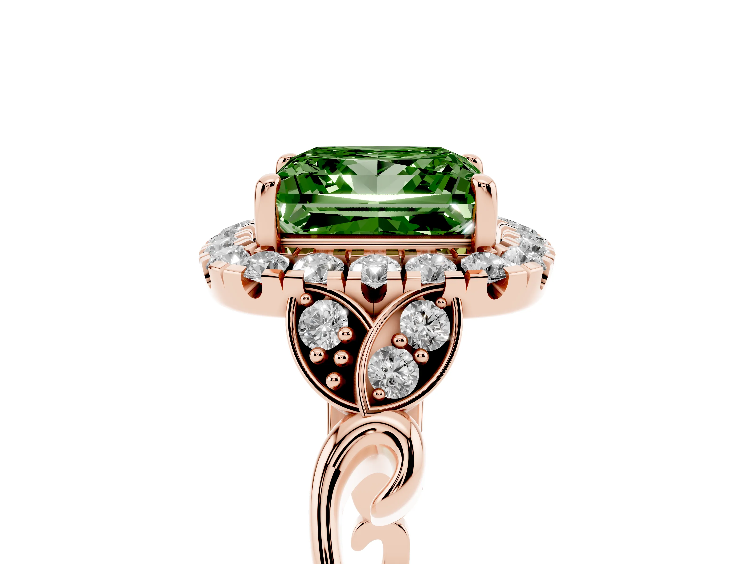Fancy Green Princess Cut Diamond Halo Engagement Ring Set in Rose gold with Vintage-Inspired Band and Prong Setting