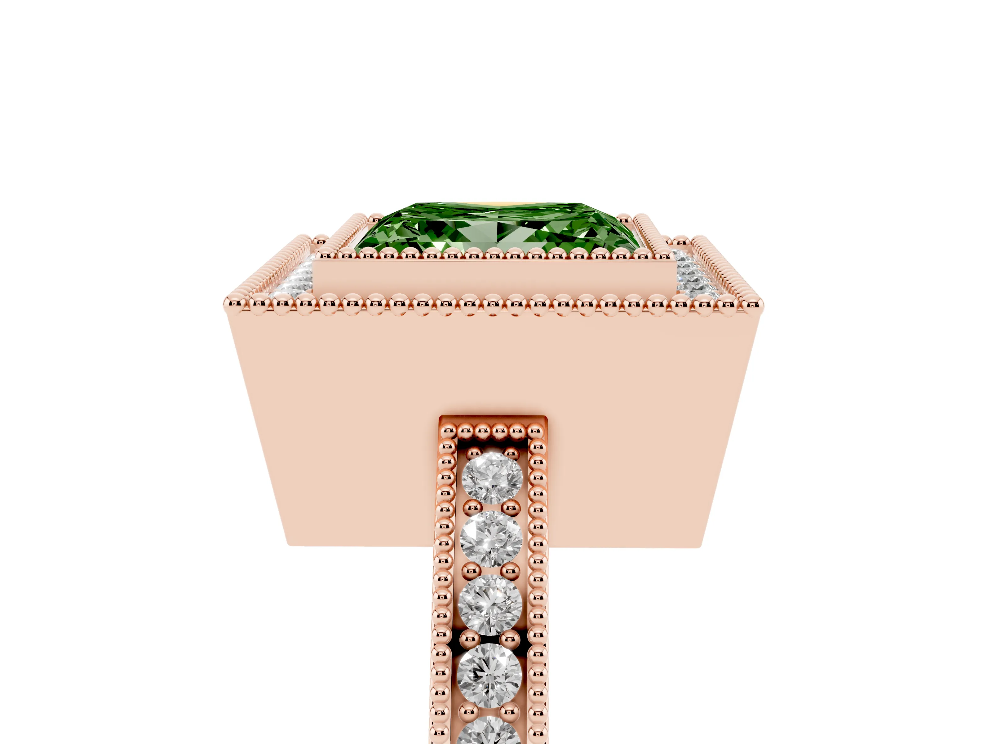 Fancy Green Princess Cut Diamond Halo Ring Set in Rose gold with Pavé Band and Milgrain-Edged Prongs