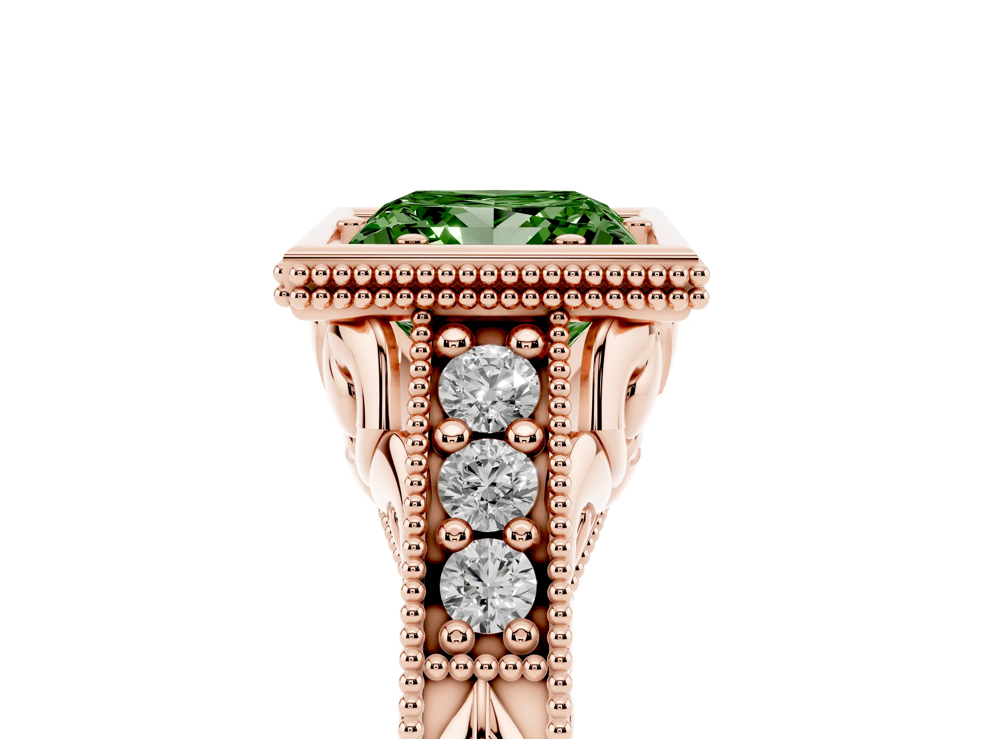Fancy Green Bezel Set Princess Cut Diamond Milgrain Pavé Engagement Ring Set in Rose gold