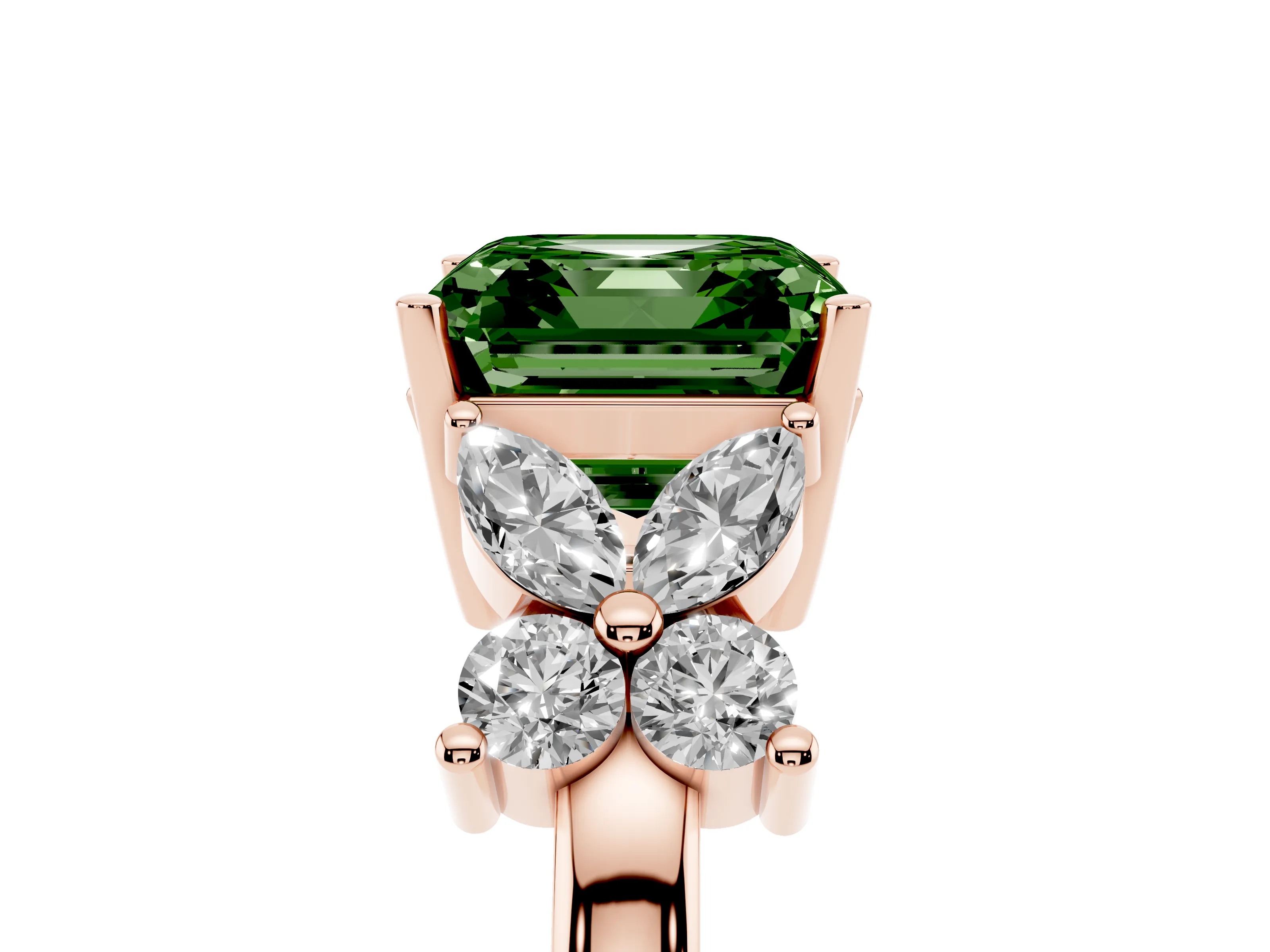 Fancy Green Princess Cut Diamond Floral Cluster Ring Set in Rose gold with Marquise Petals and Prong Setting