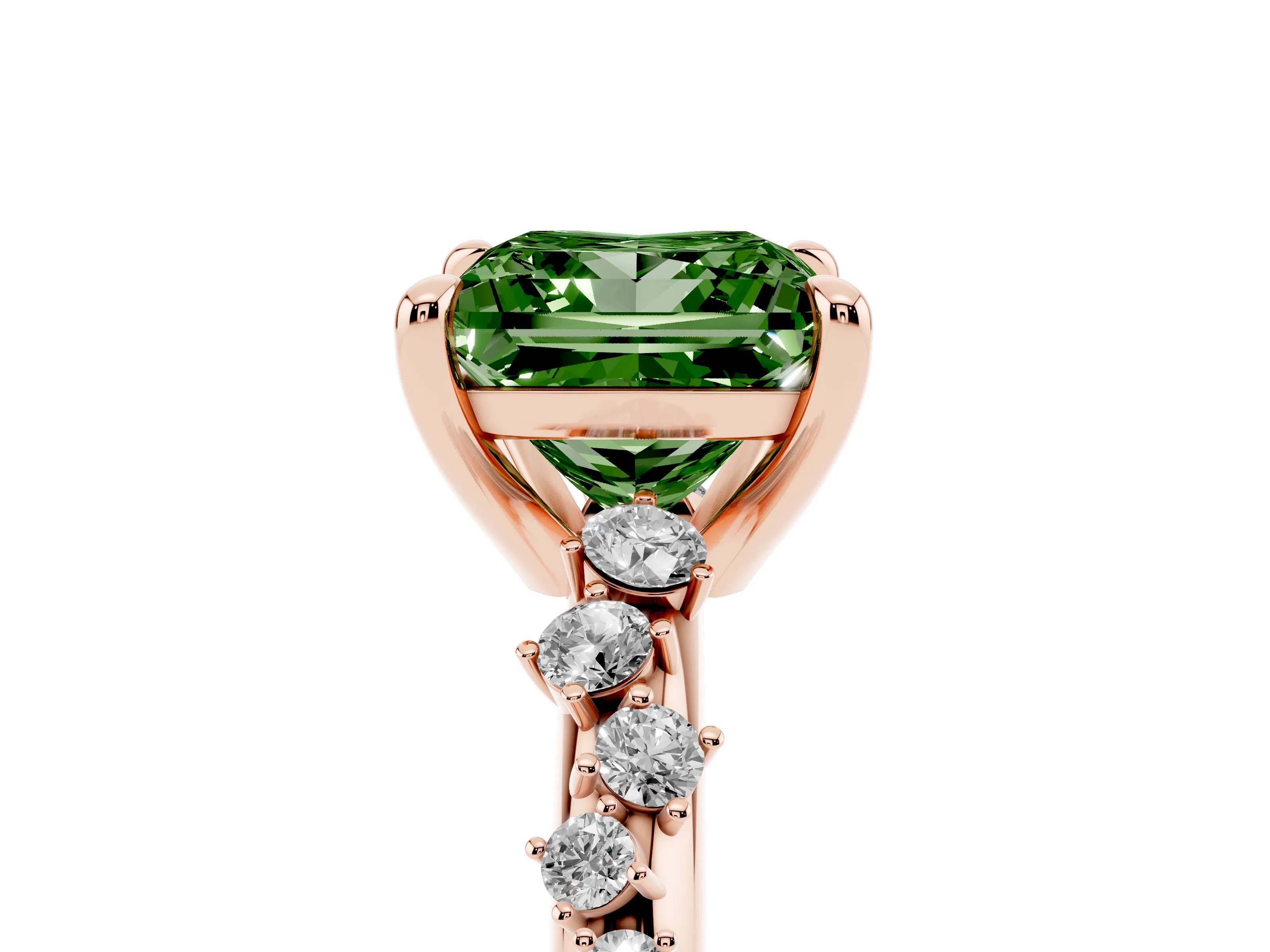 Fancy Green Princess Cut Diamond Solitaire Vine Band Ring Set in Rose gold with Round Accents and Prong Setting