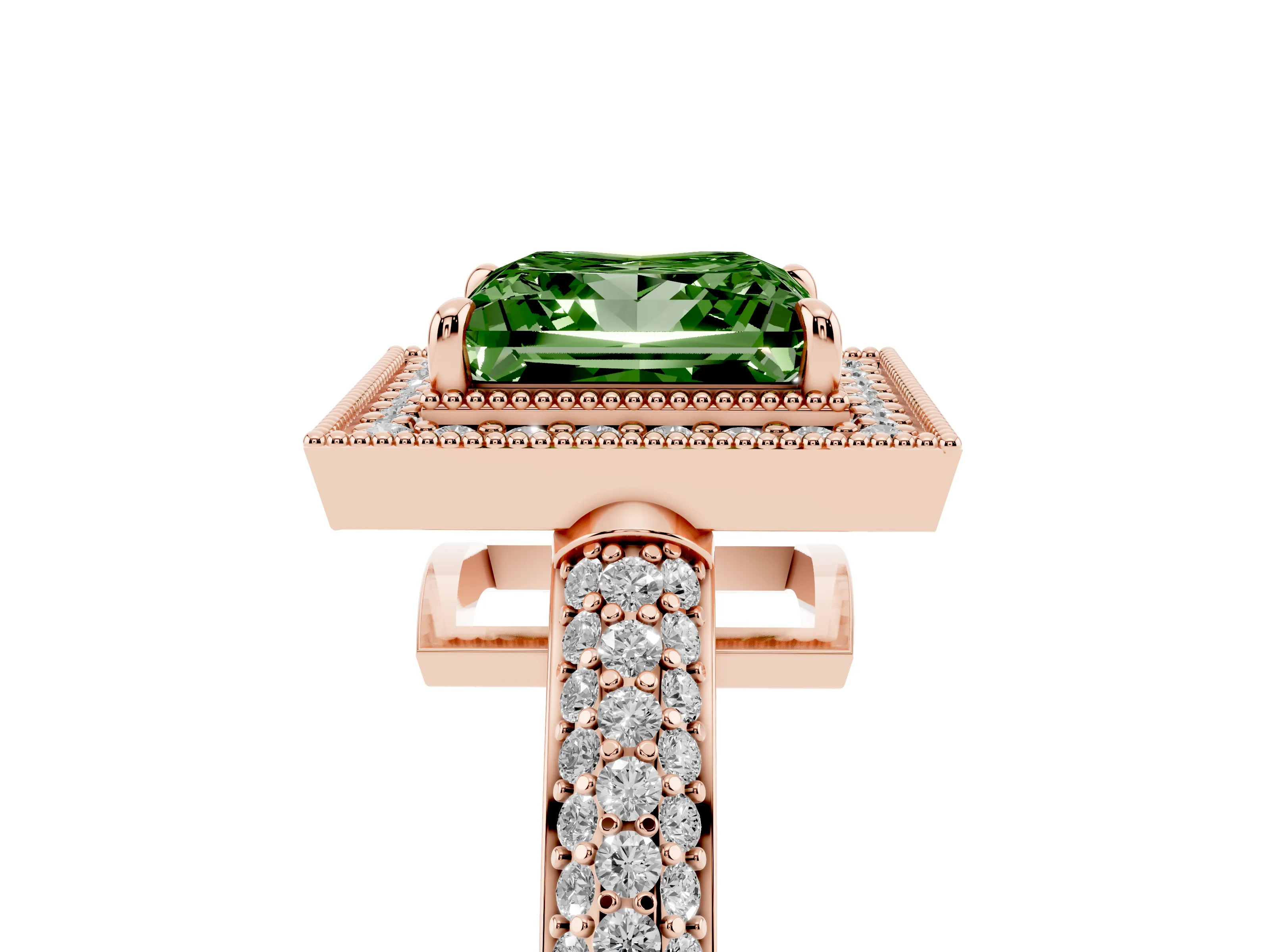 Fancy Green Princess Cut Diamond Halo Pavé Band Set in Rose gold with Prong Setting