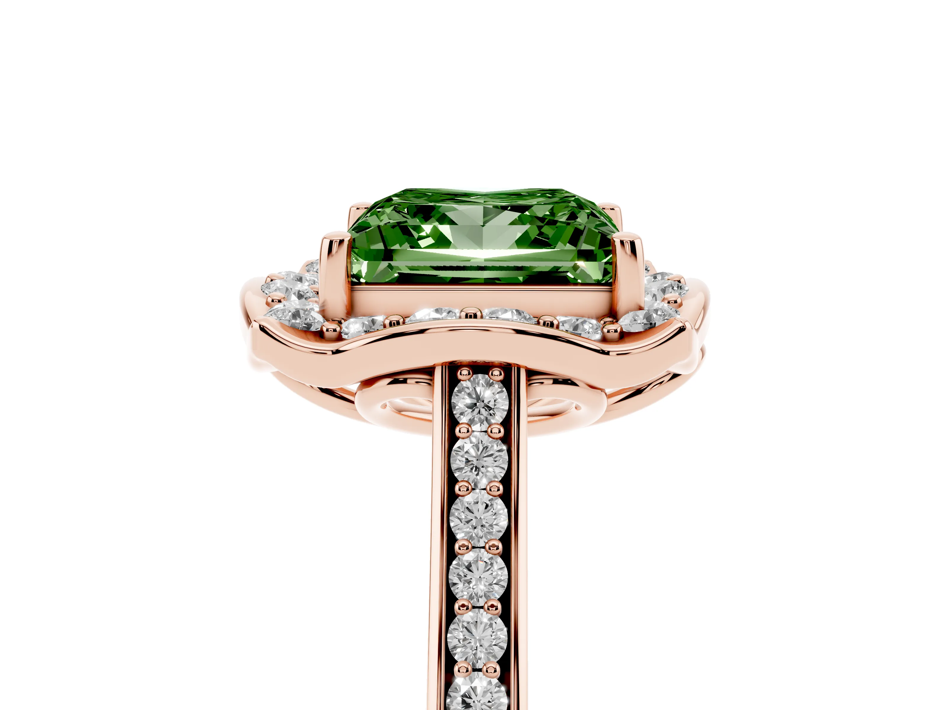 Fancy Green Princess Cut Diamond Halo Ring Set in Rose gold with Pavé-Lined Shoulders and Prong Setting