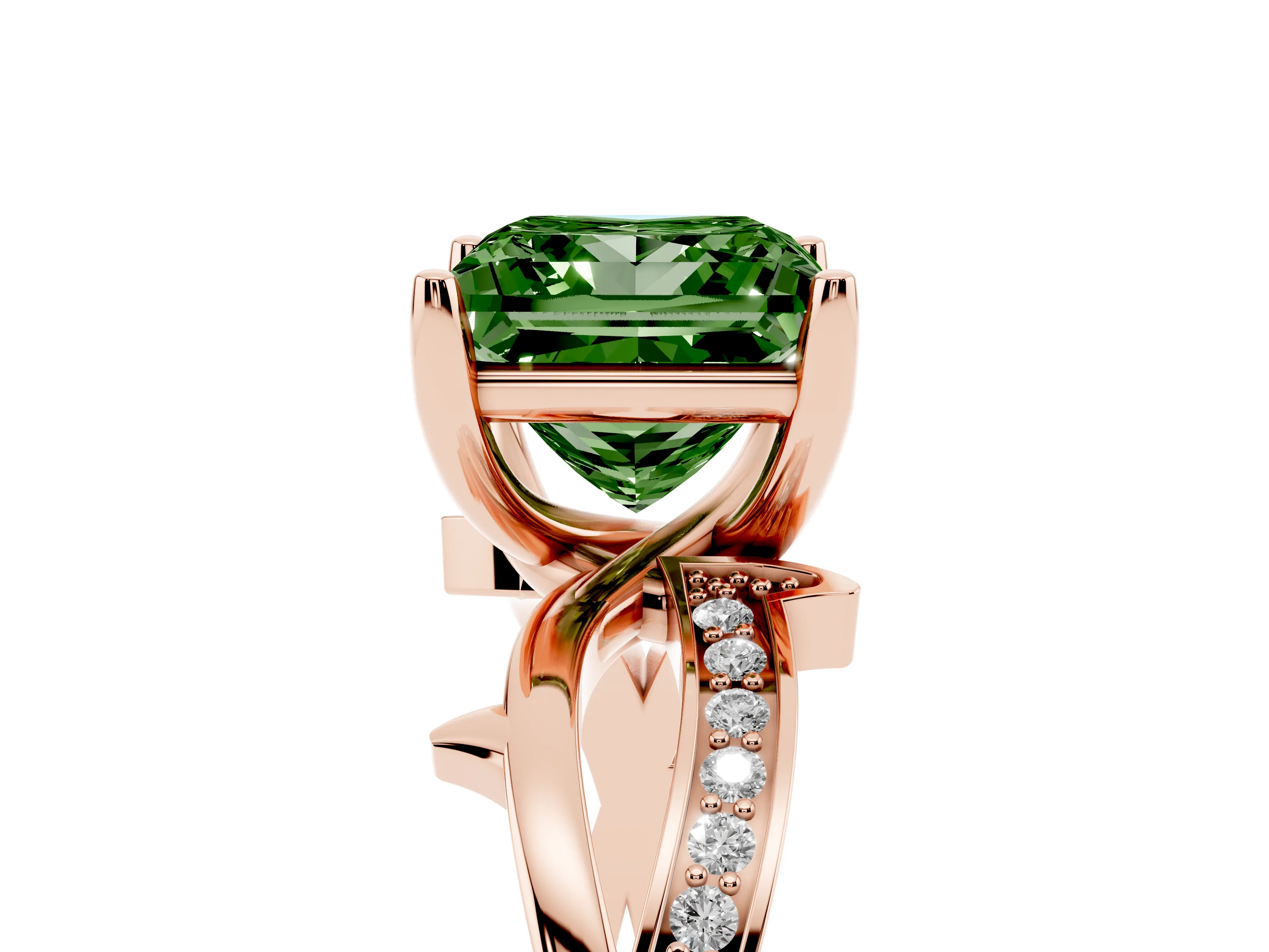 Fancy Green Princess Cut Diamond Pavé Twist Band Solitaire Ring Set in Rose gold with Prong Setting