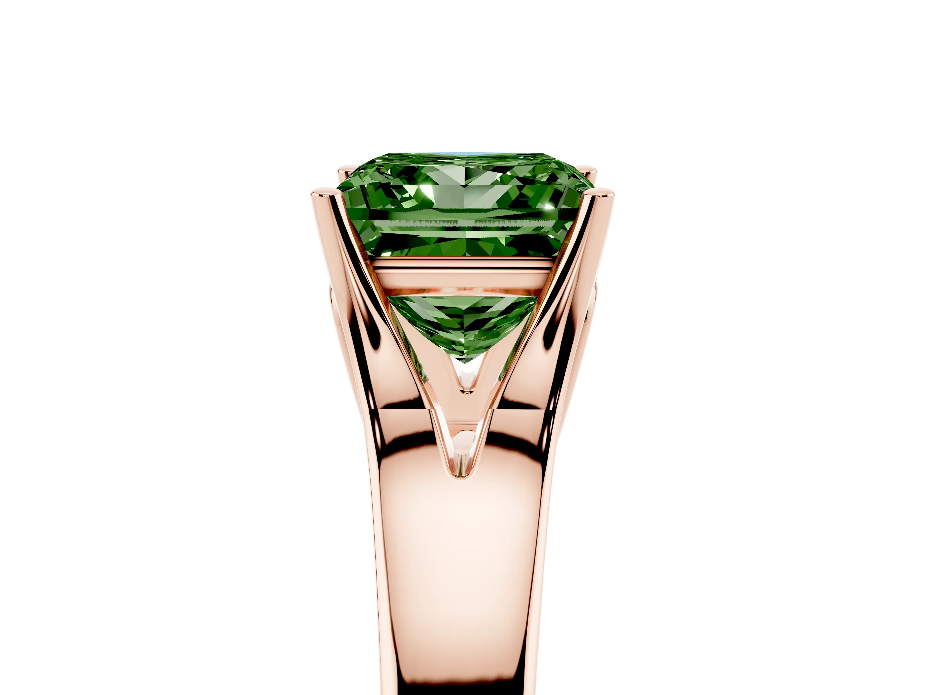 Fancy Green Princess Cut Diamond Solitaire Ring Set in Rose gold with Arched Cathedral Band and Prong Setting
