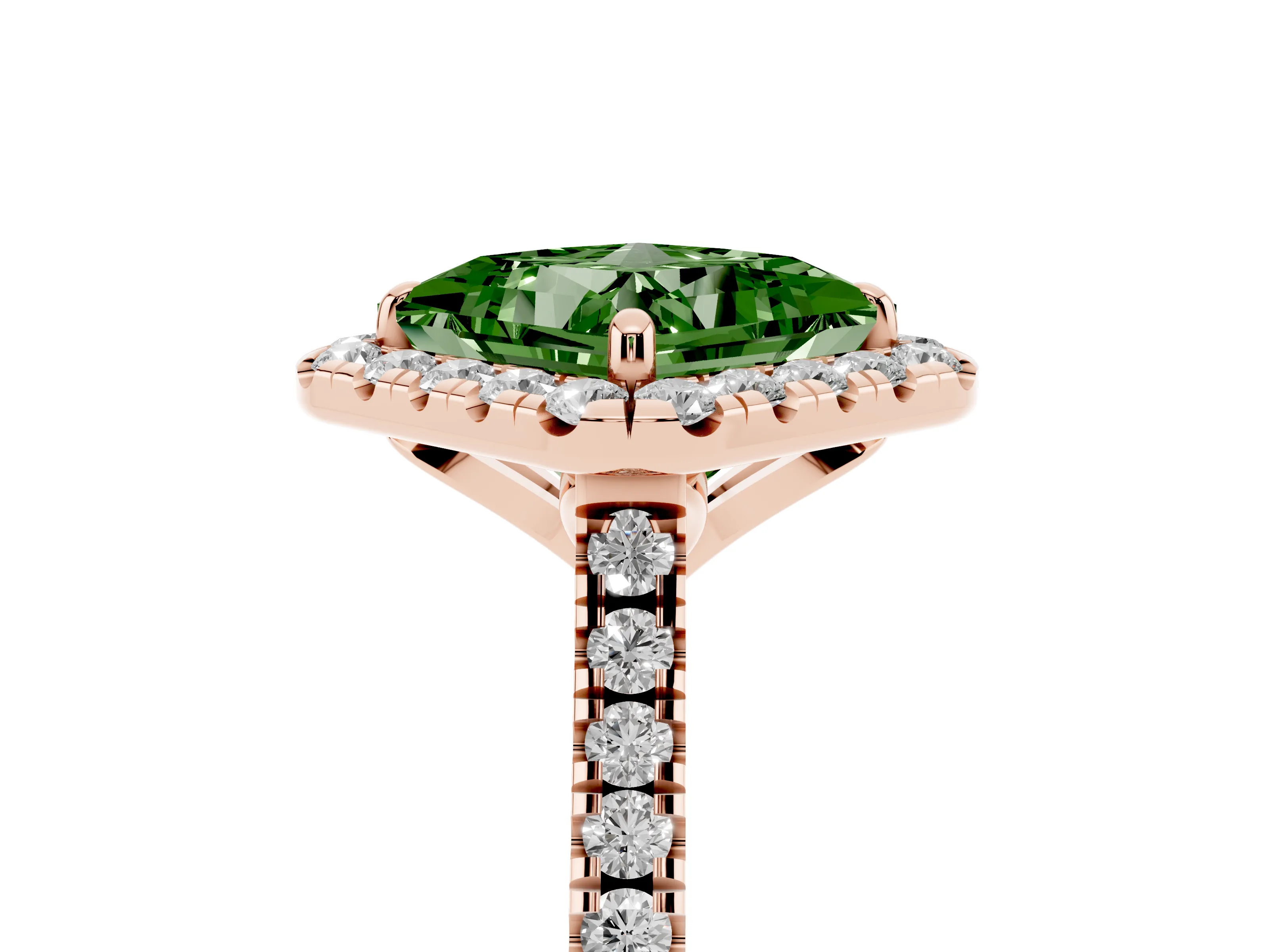 Fancy Green Princess Cut Diamond Cushion Halo Ring Set in Rose gold with Pavé Band
