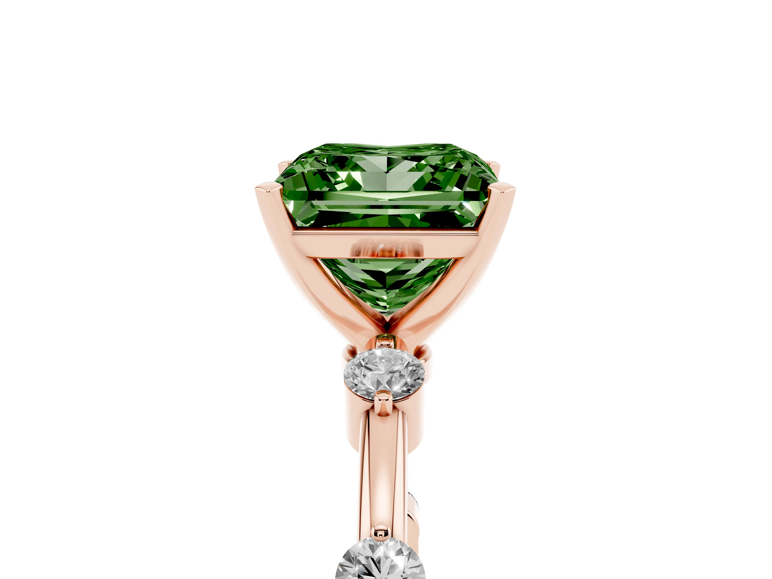 Fancy Green Princess Cut Diamond Solitaire Ring Set in Rose gold with Bezel Set Side Stones and Prong Setting